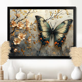 Vintage Butterfly On Cherry Blossom Branch - Blue Butterfly Wall Art