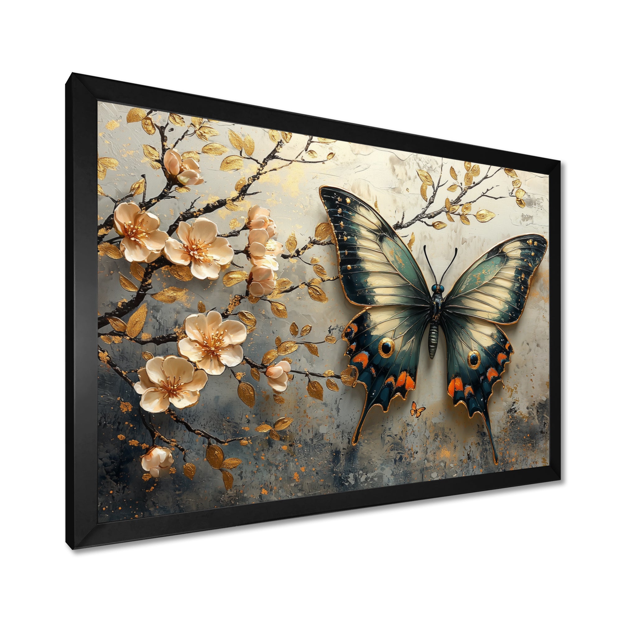 Vintage Butterfly On Cherry Blossom Branch - Blue Butterfly Wall Art
