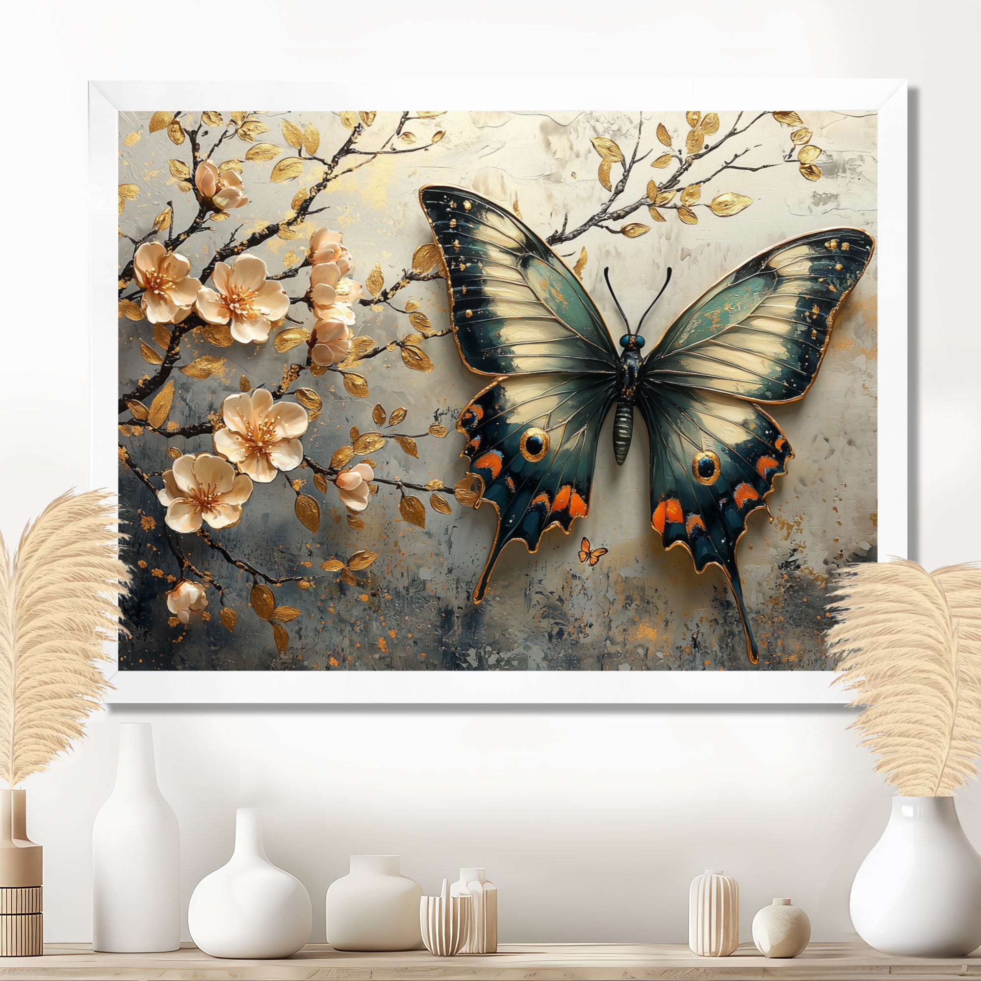Vintage Butterfly On Cherry Blossom Branch - Blue Butterfly Wall Art
