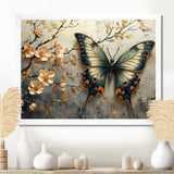 Vintage Butterfly On Cherry Blossom Branch - Blue Butterfly Wall Art