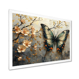 Vintage Butterfly On Cherry Blossom Branch - Blue Butterfly Wall Art