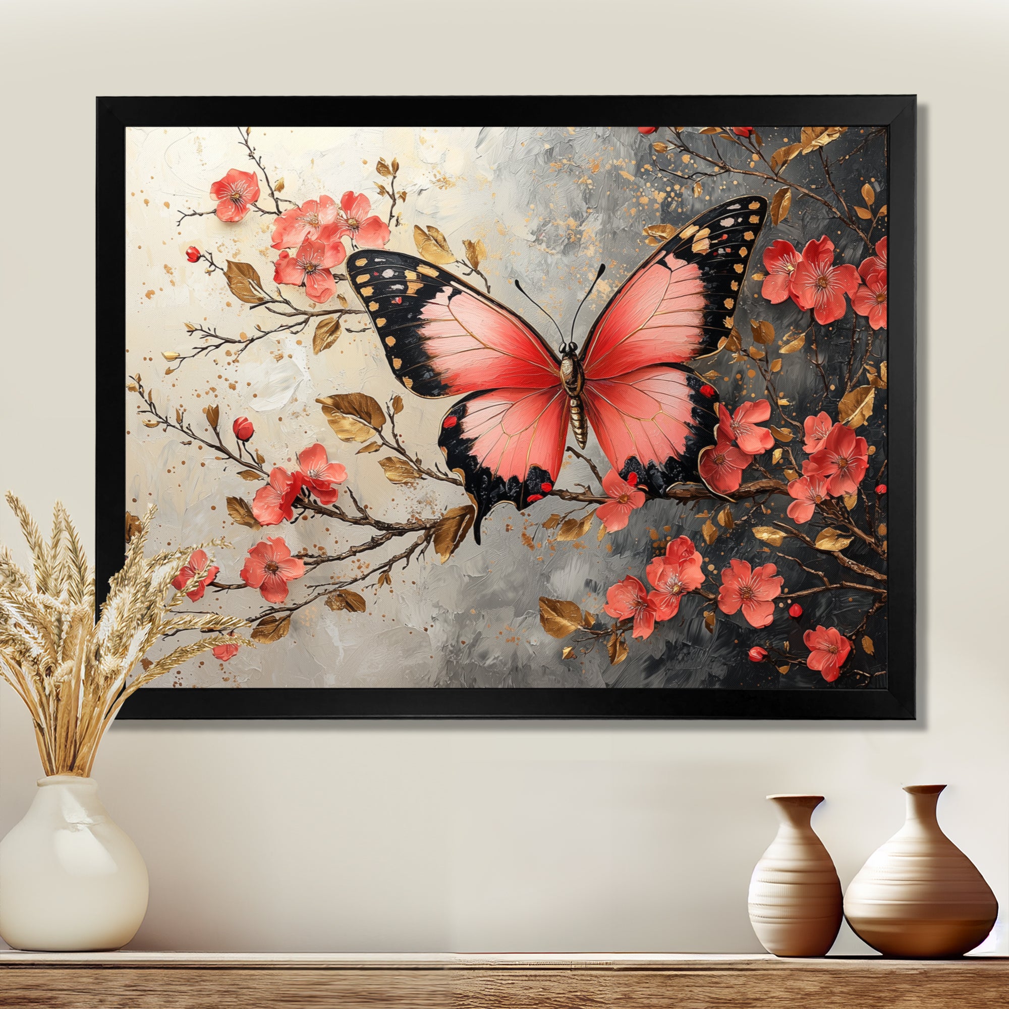 Pink Butterfly On Cherry Blossom Tree - Butterfly Framed Canvas Art