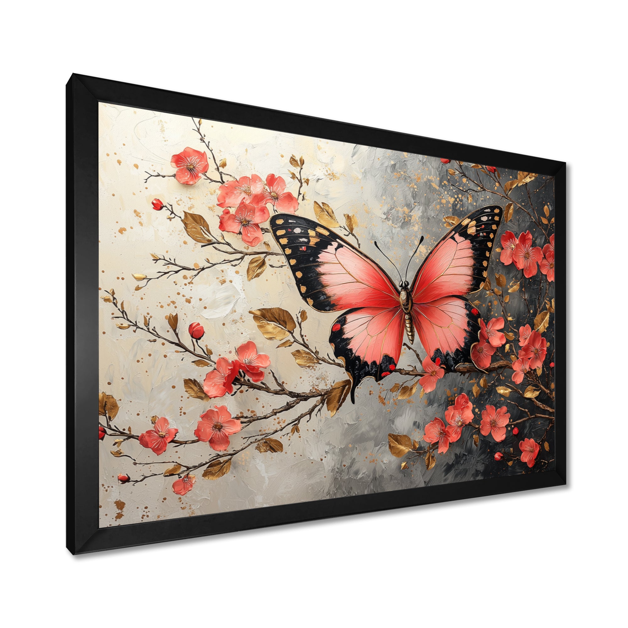 Pink Butterfly On Cherry Blossom Tree - Butterfly Framed Canvas Art