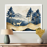 Golden Deer In Pine Tree Misty Mountain - Gold Deer Wall Art