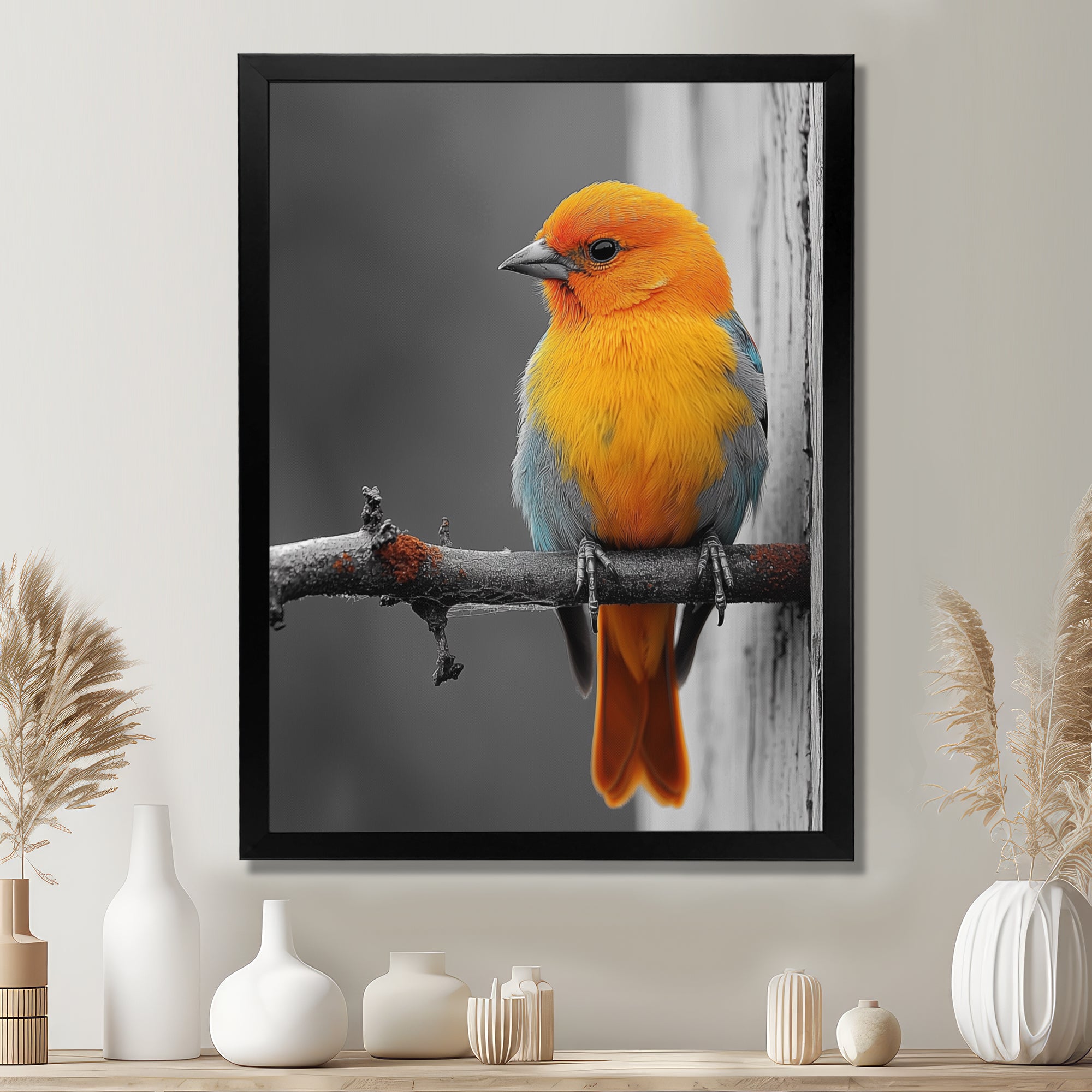 Yellow Chickadee's Bird House Branch - Bird House Home Decor Art