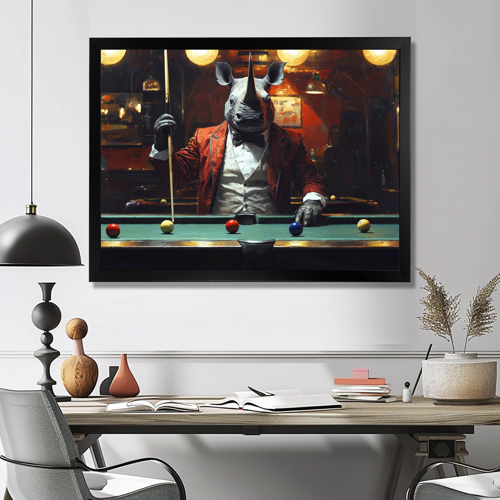 Red Rhino Playing Pool - Billiards Canvas Wall Art