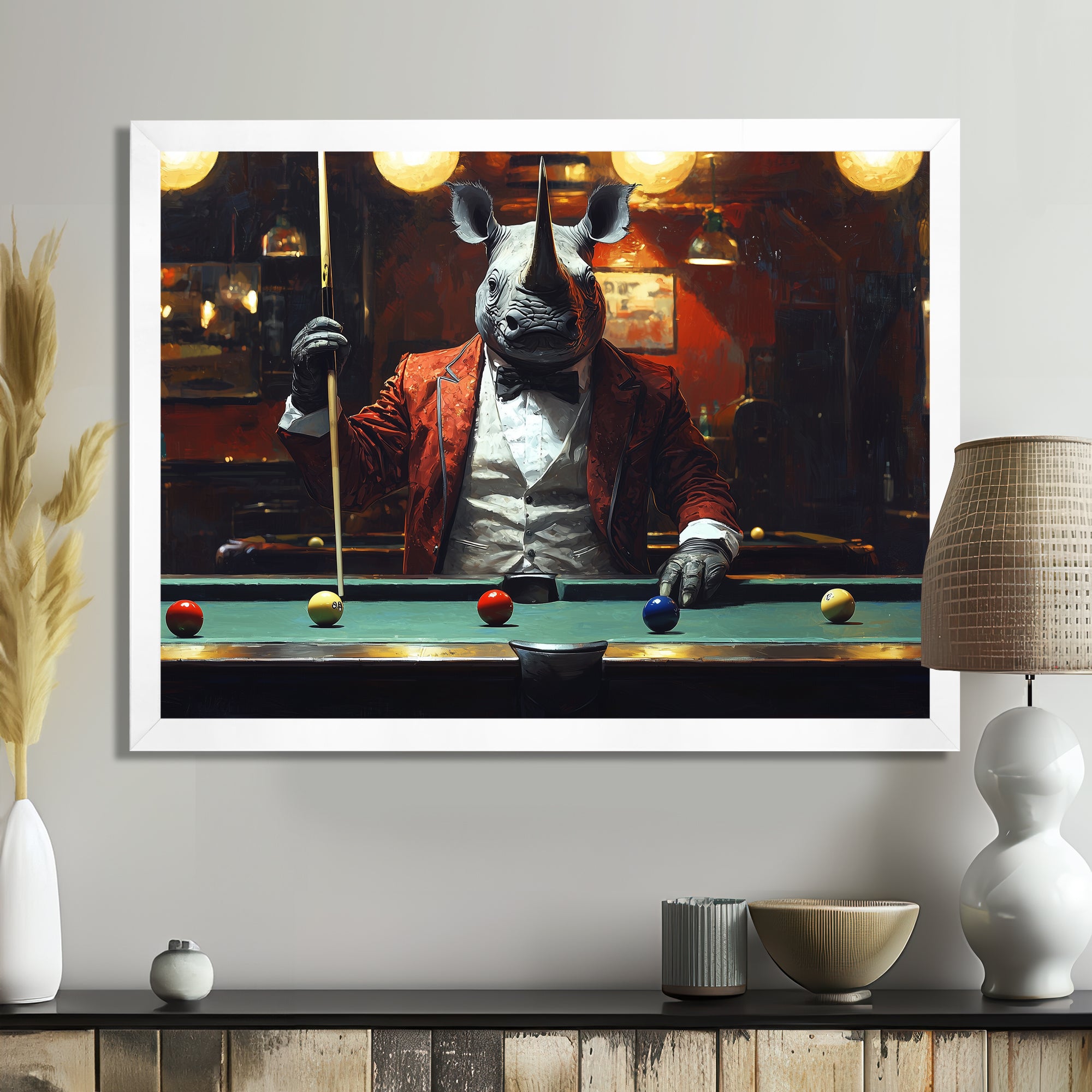 Red Rhino Playing Pool - Billiards Canvas Wall Art