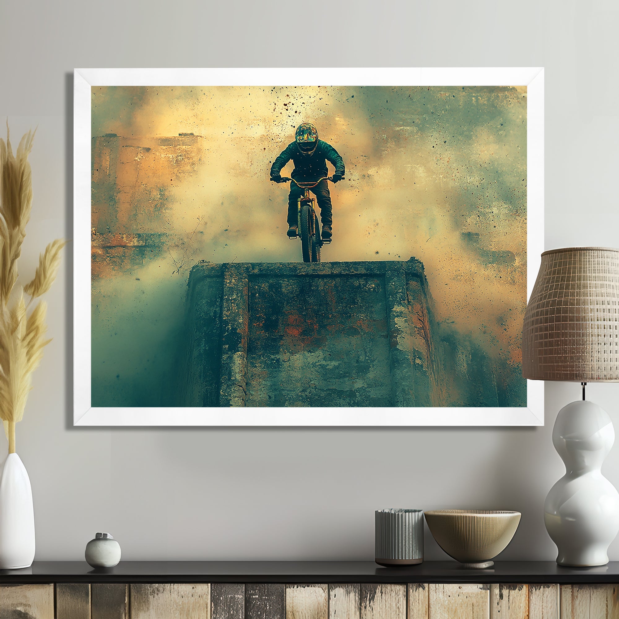 Green Freestyle BMX Bike Tricks - Cycling Canvas Wall Art