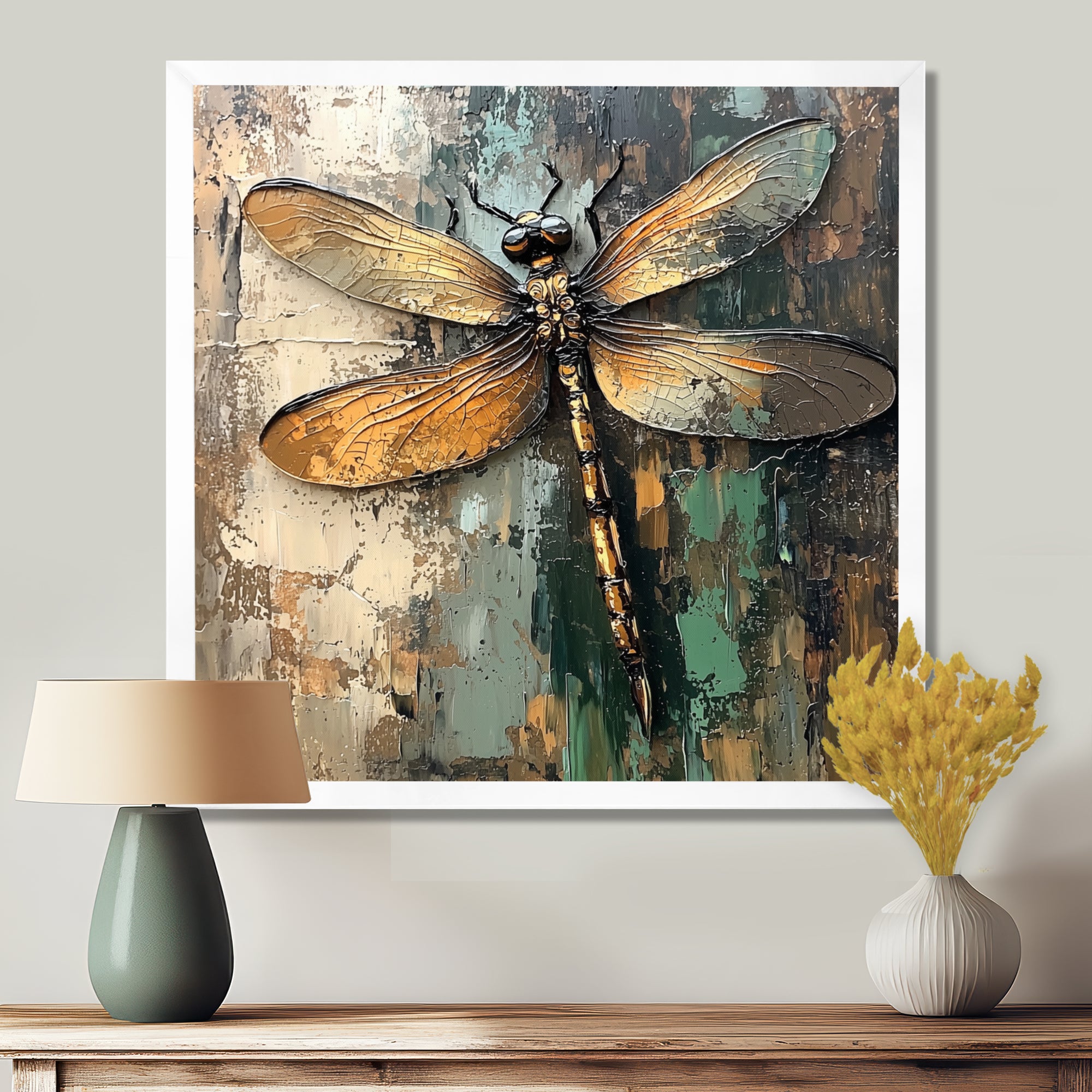 Green Brown Dragonfly's Forest Fusion - Green Dragonfly Wall Art