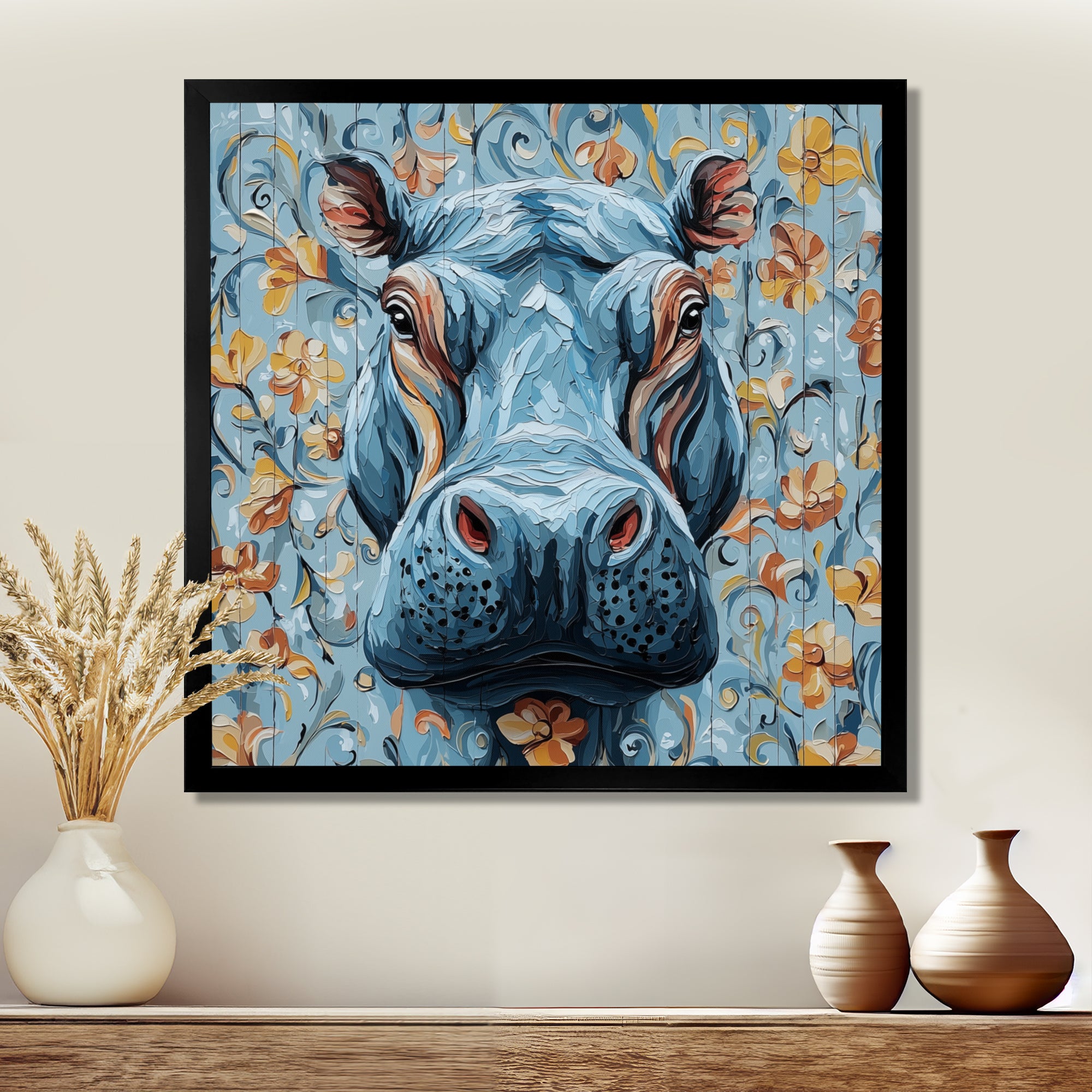 Blue Floral Hippo Portrait - Hippopotamus Living Room Wall Art