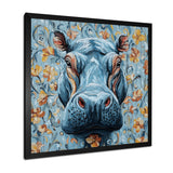 Blue Floral Hippo Portrait - Hippopotamus Living Room Wall Art