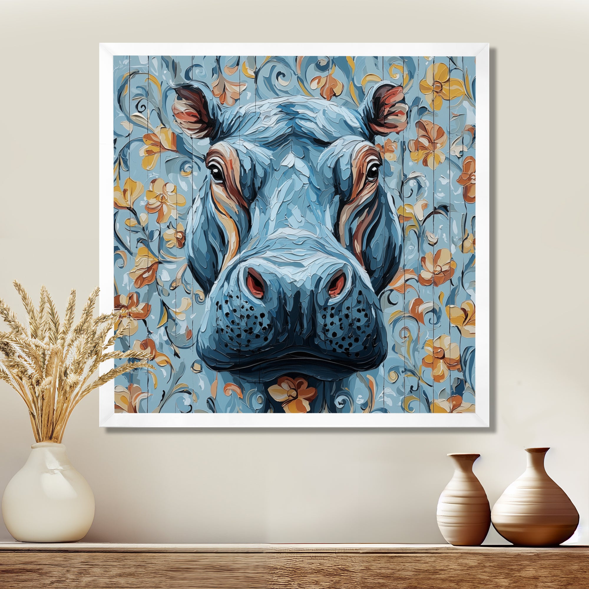 Blue Floral Hippo Portrait - Hippopotamus Living Room Wall Art