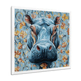 Blue Floral Hippo Portrait - Hippopotamus Living Room Wall Art