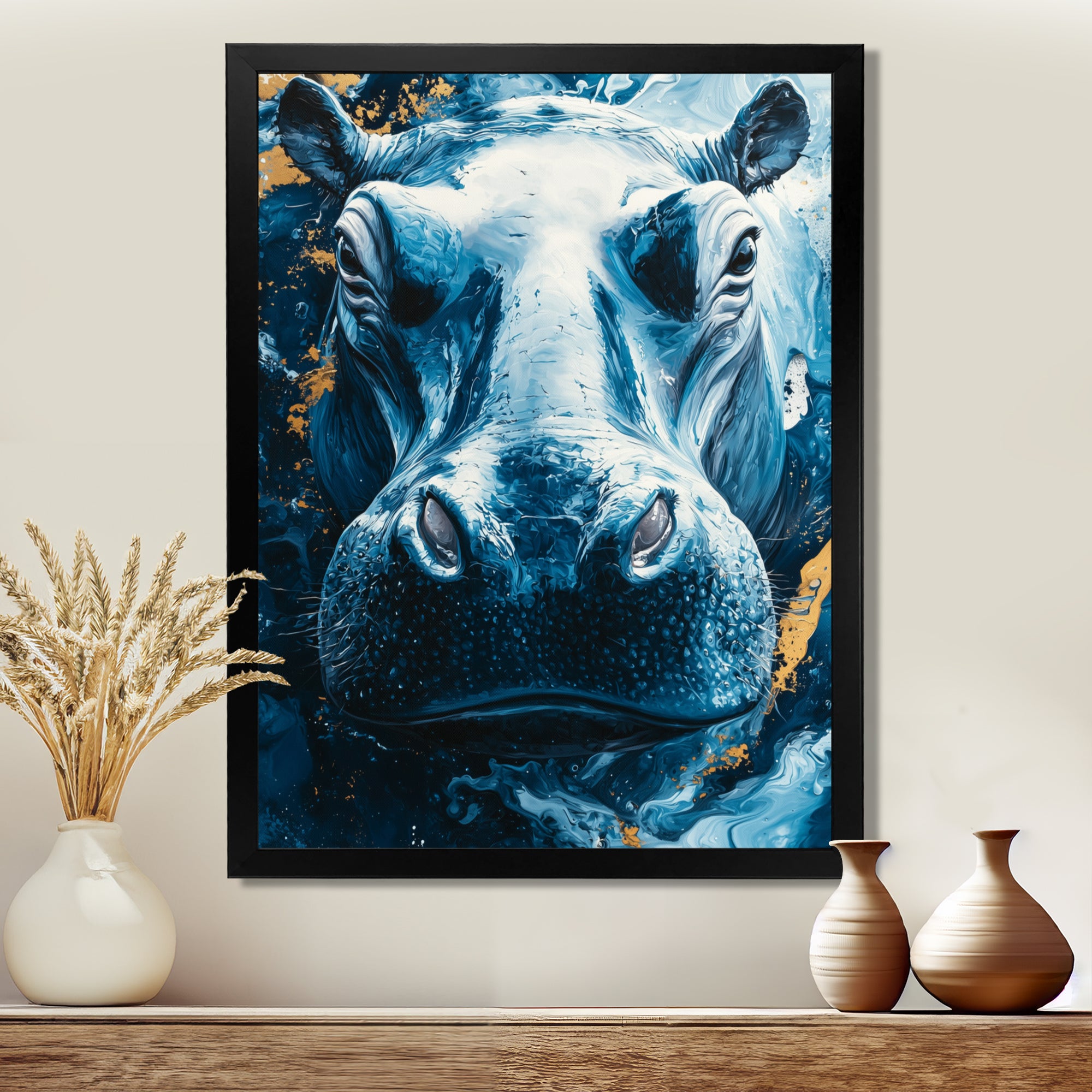 Blue Hippo Portrait - Hippopotamus Bedroom Wall Art