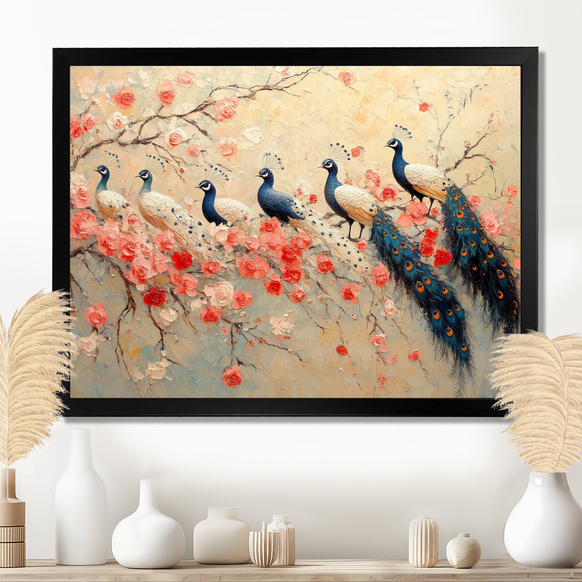 Pink And Blue Classic Peacocks Reunion - Peacock Wall Decor