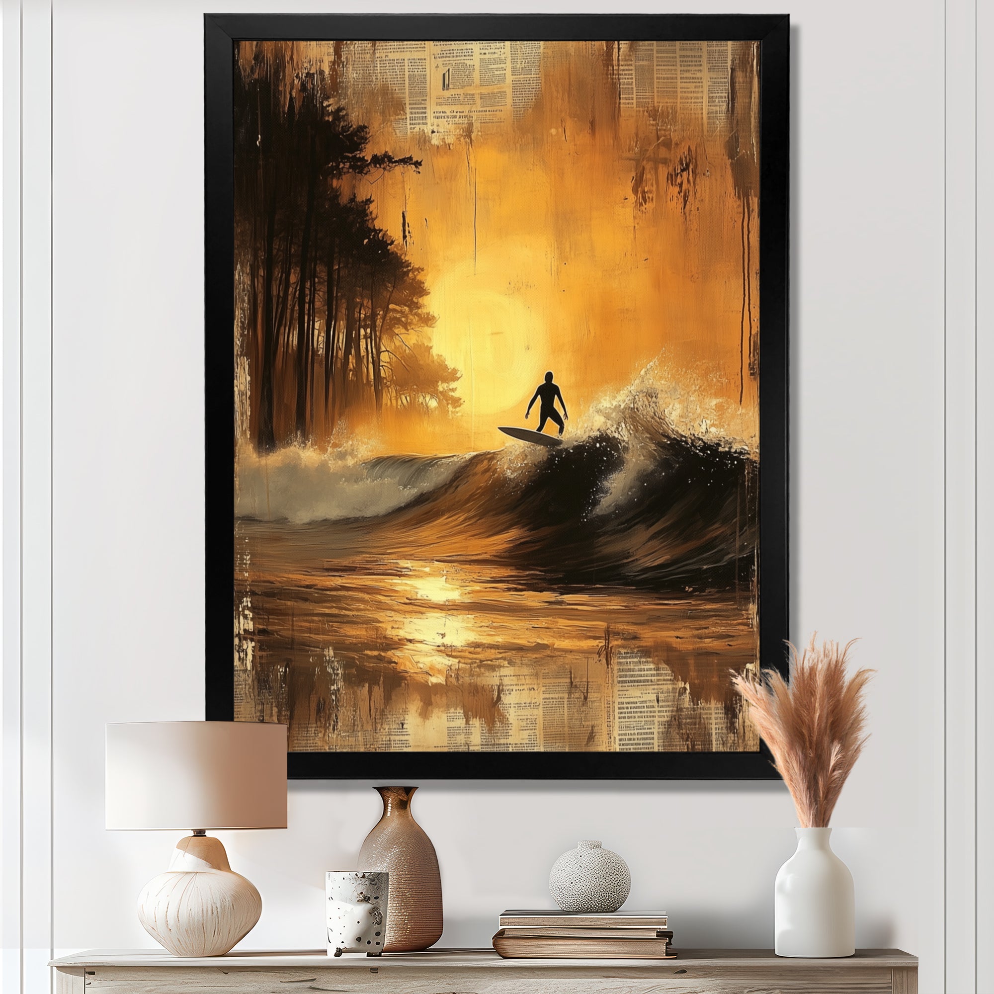 Vintage Yellow Surfing Landscape - Surfing Canvas Wall Art