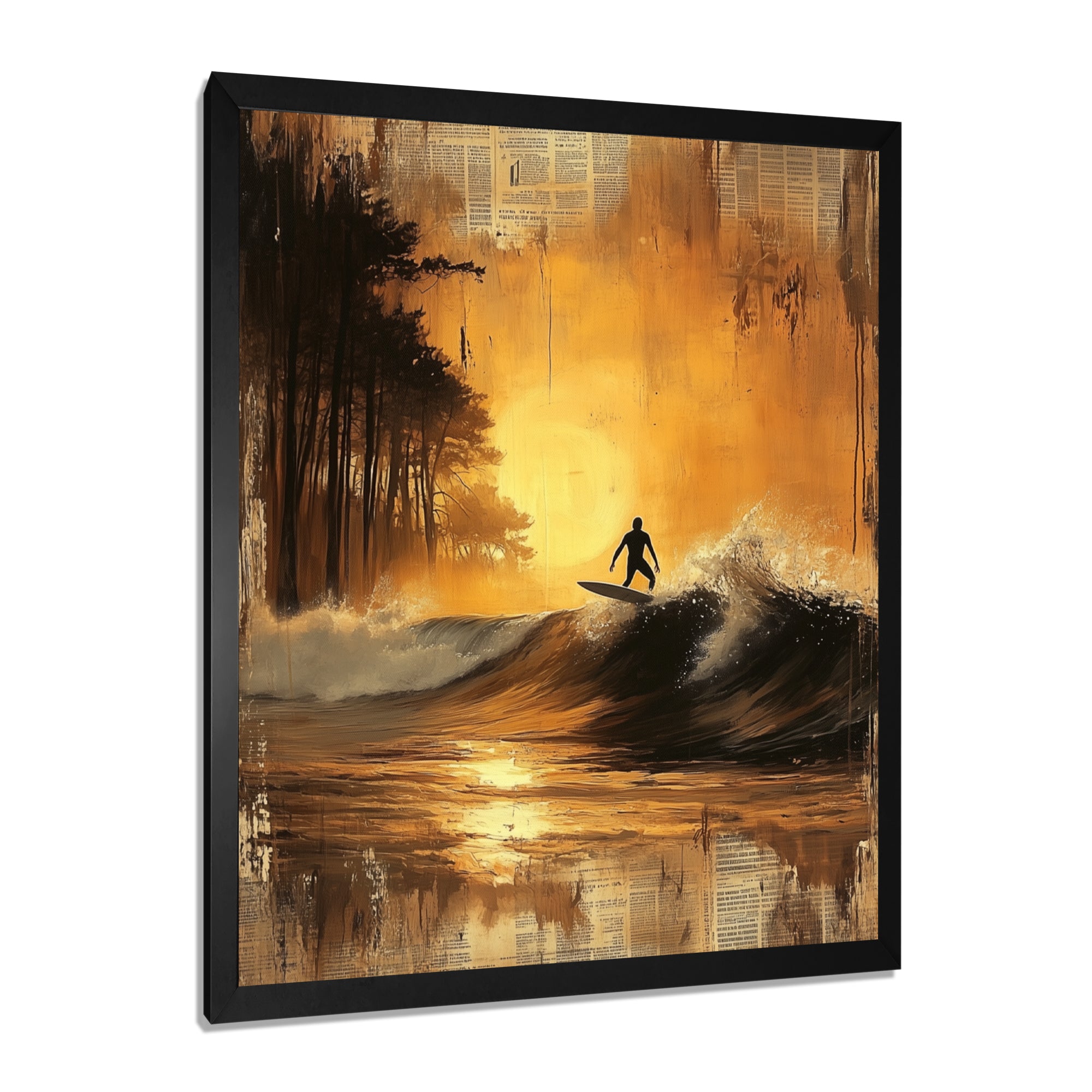 Vintage Yellow Surfing Landscape - Surfing Canvas Wall Art