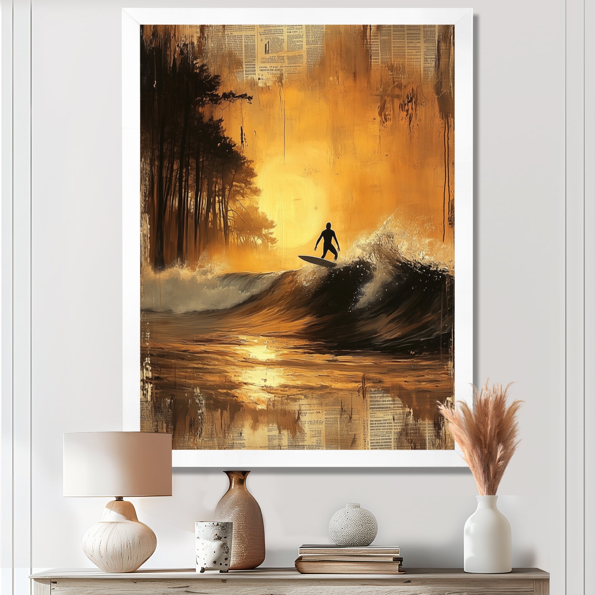 Vintage Yellow Surfing Landscape - Surfing Canvas Wall Art
