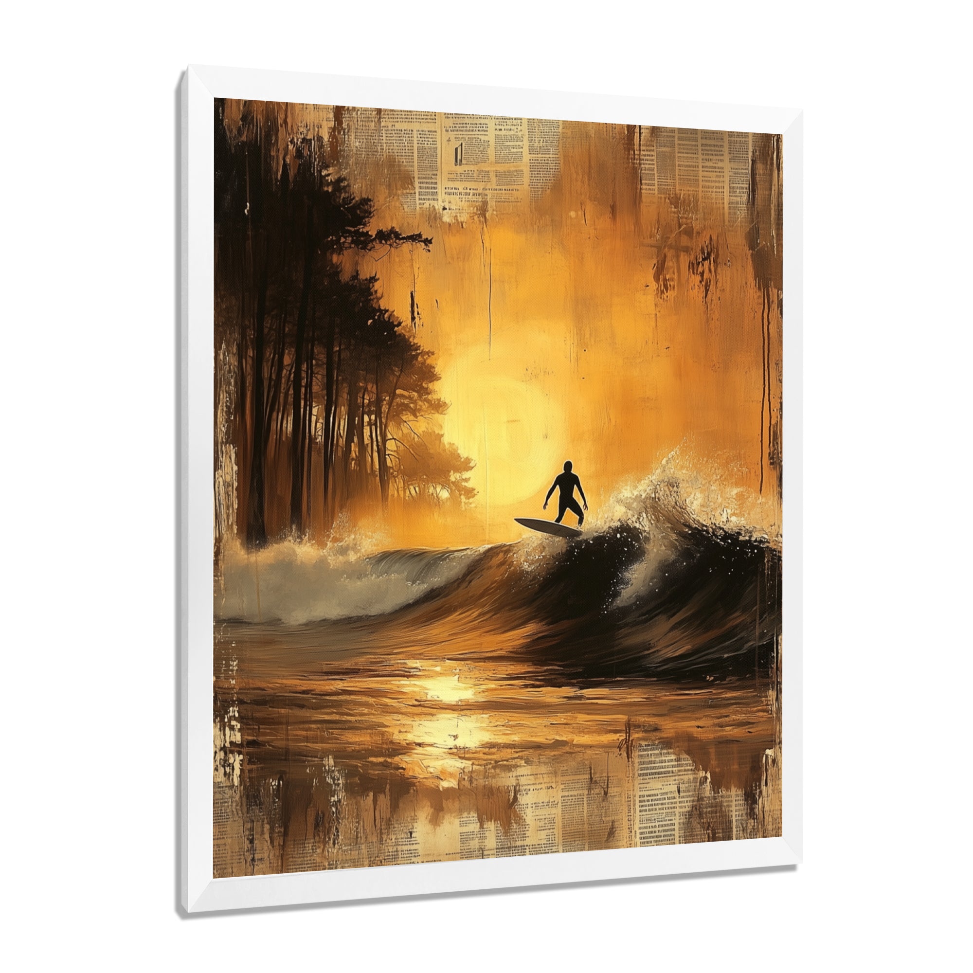 Vintage Yellow Surfing Landscape - Surfing Canvas Wall Art