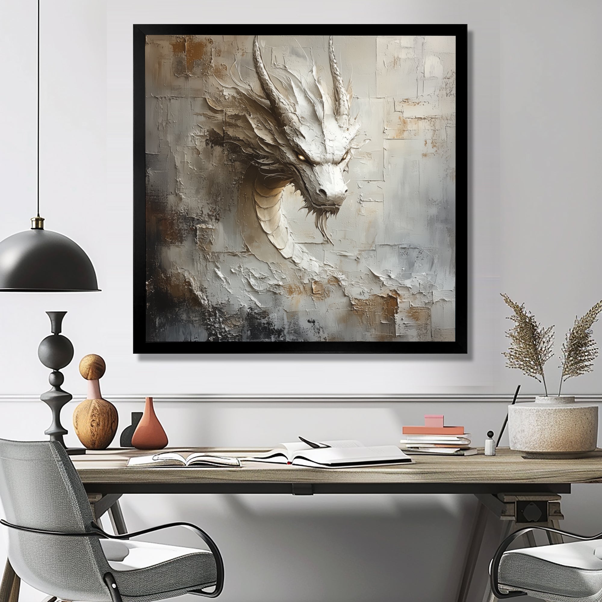 Mythology White Dragons Head - Dragons Living Room Wall Art