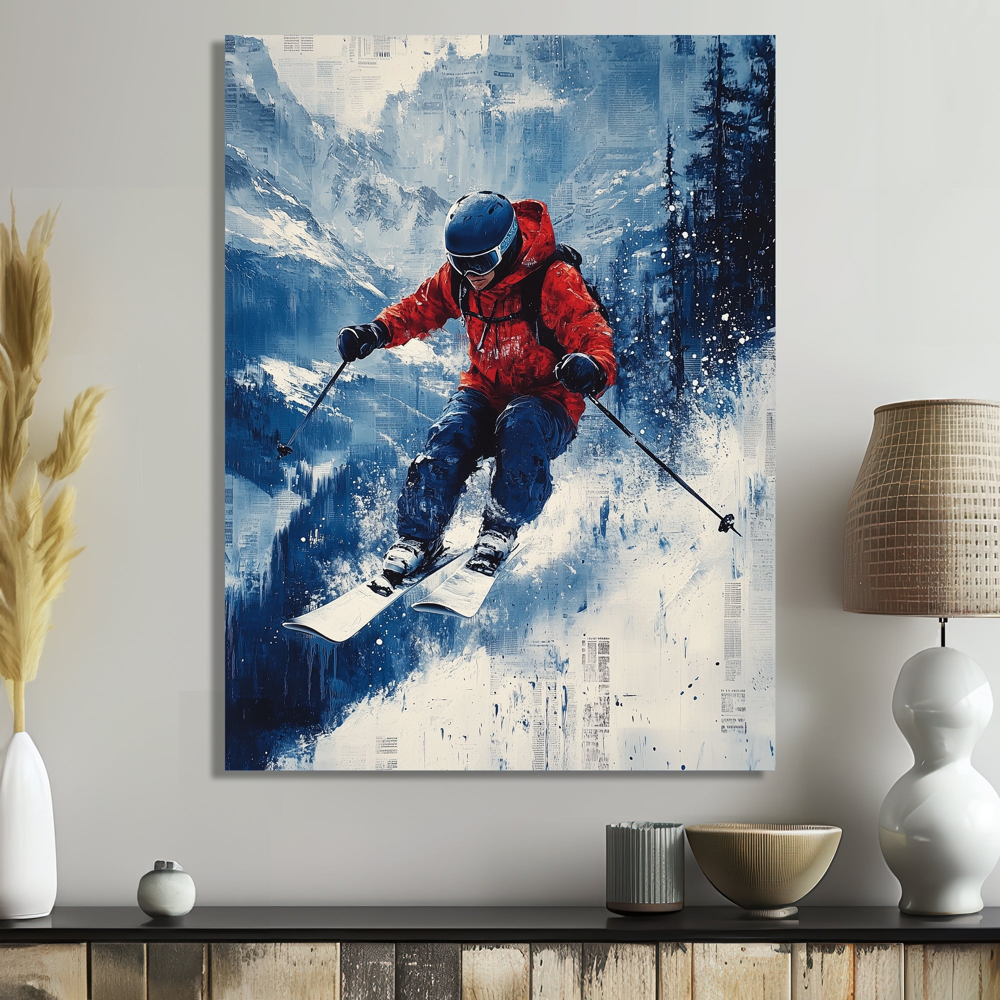 Red Ski Big Air Accented With Blue I - Skiing Canvas Wall Art