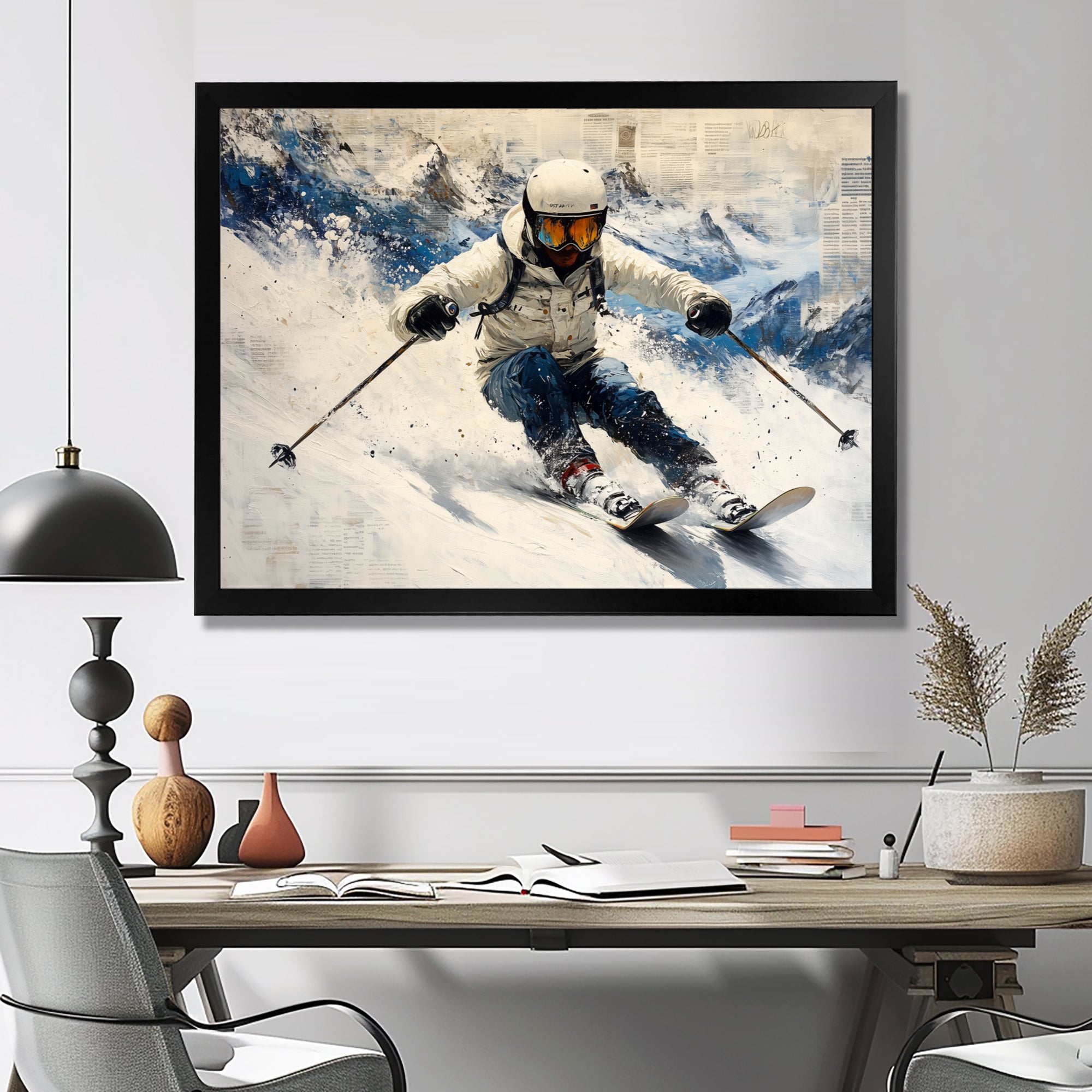 White Ski Big Air Accented With Blue - Skiing Canvas Wall Art