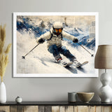 White Ski Big Air Accented With Blue - Skiing Canvas Wall Art