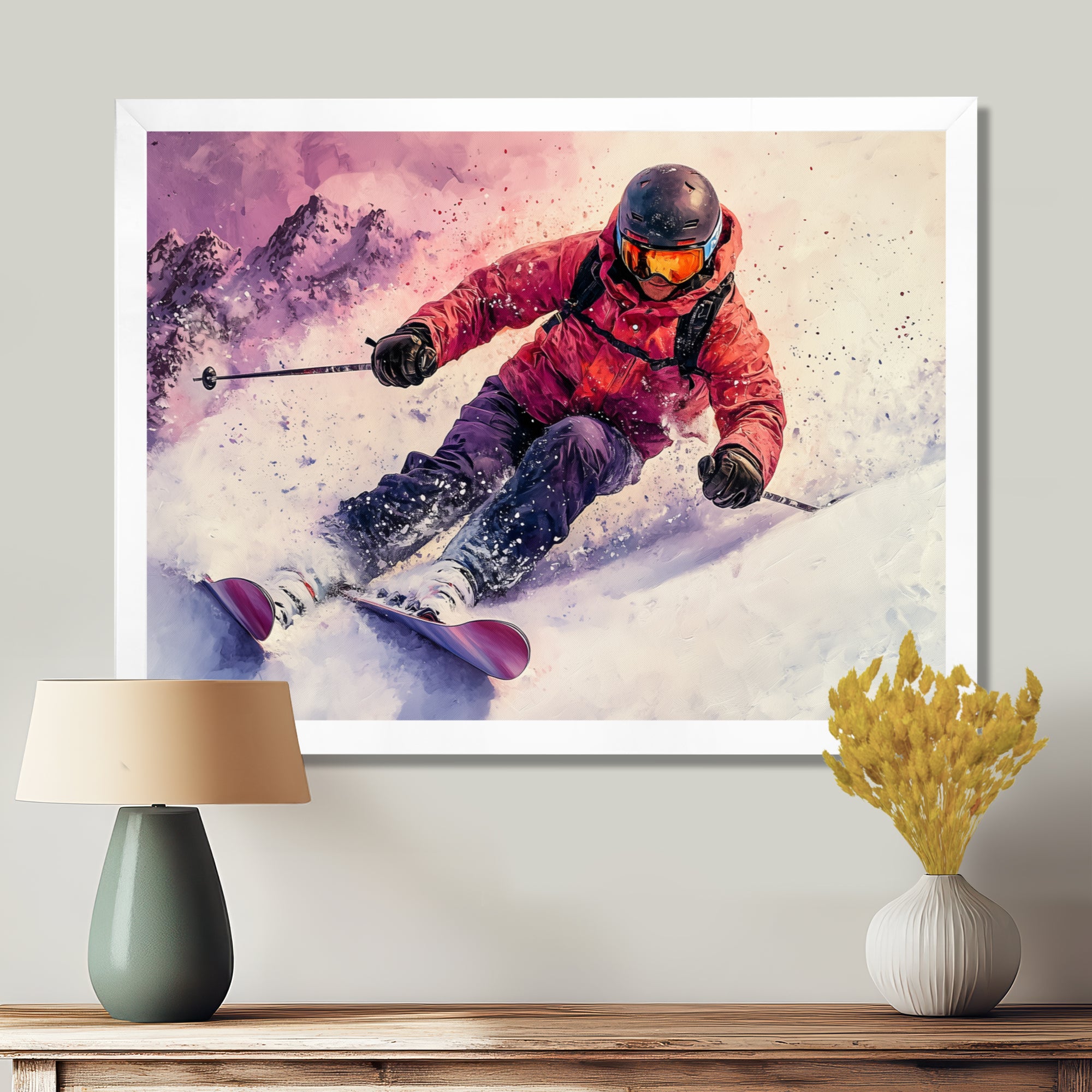 Orange Ski Slopestyle Mens Accented With Pink - Skiing Canvas Wall Art