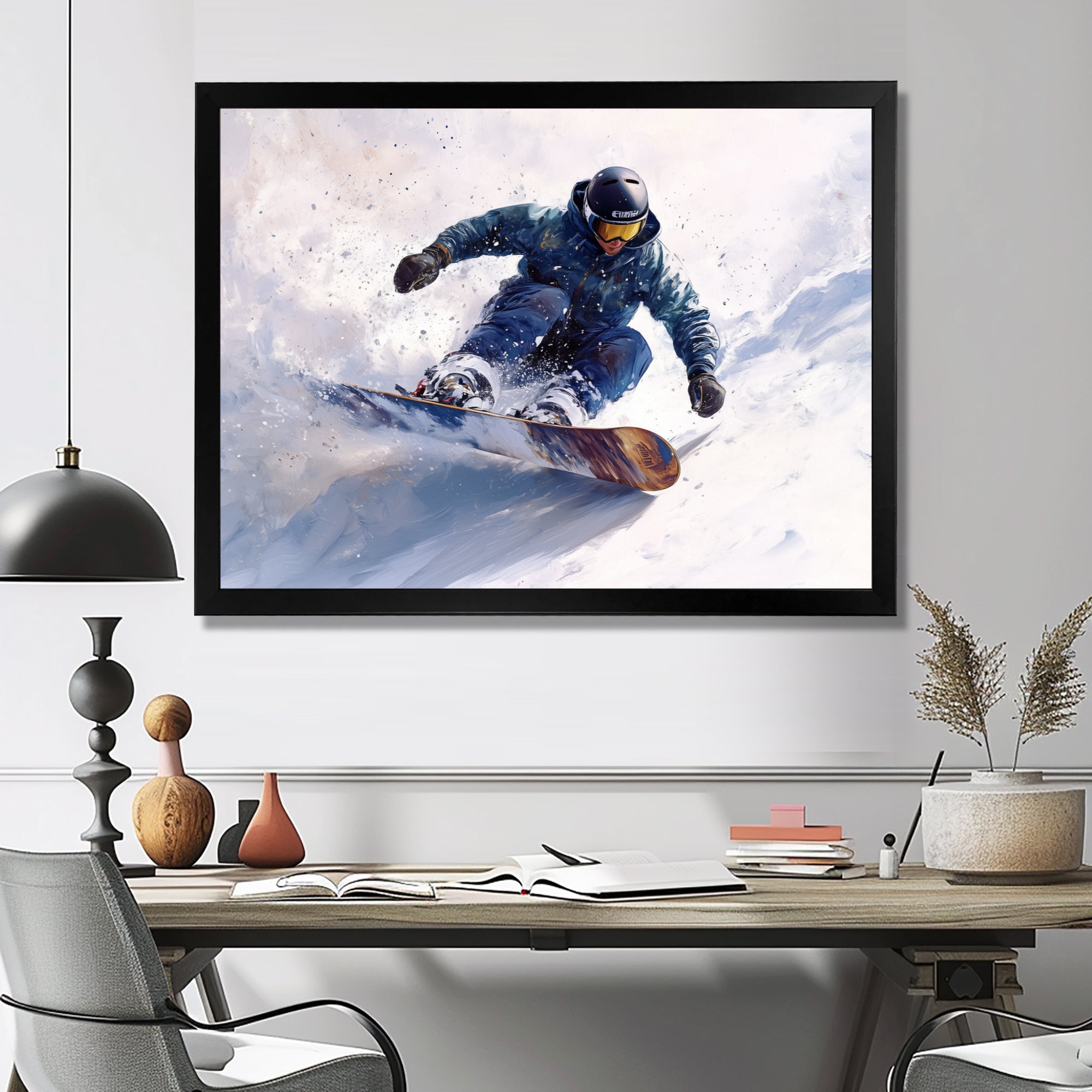 White Snowboard Big Air Mens Accented With Green - Winter Sport Canvas Wall Art