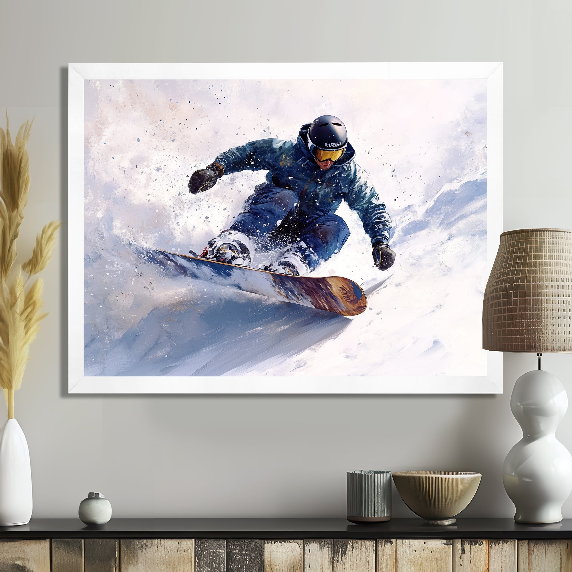 White Snowboard Big Air Mens Accented With Green - Winter Sport Canvas Wall Art
