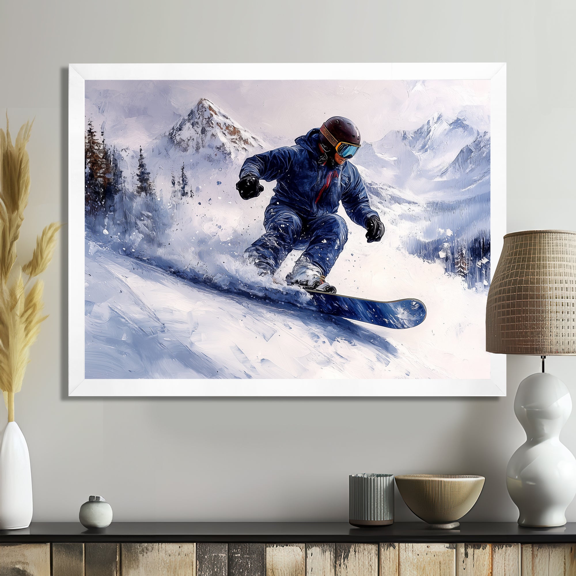 White Snowboard Big Air Mens Accented With Blue - Winter Sport Canvas Wall Art