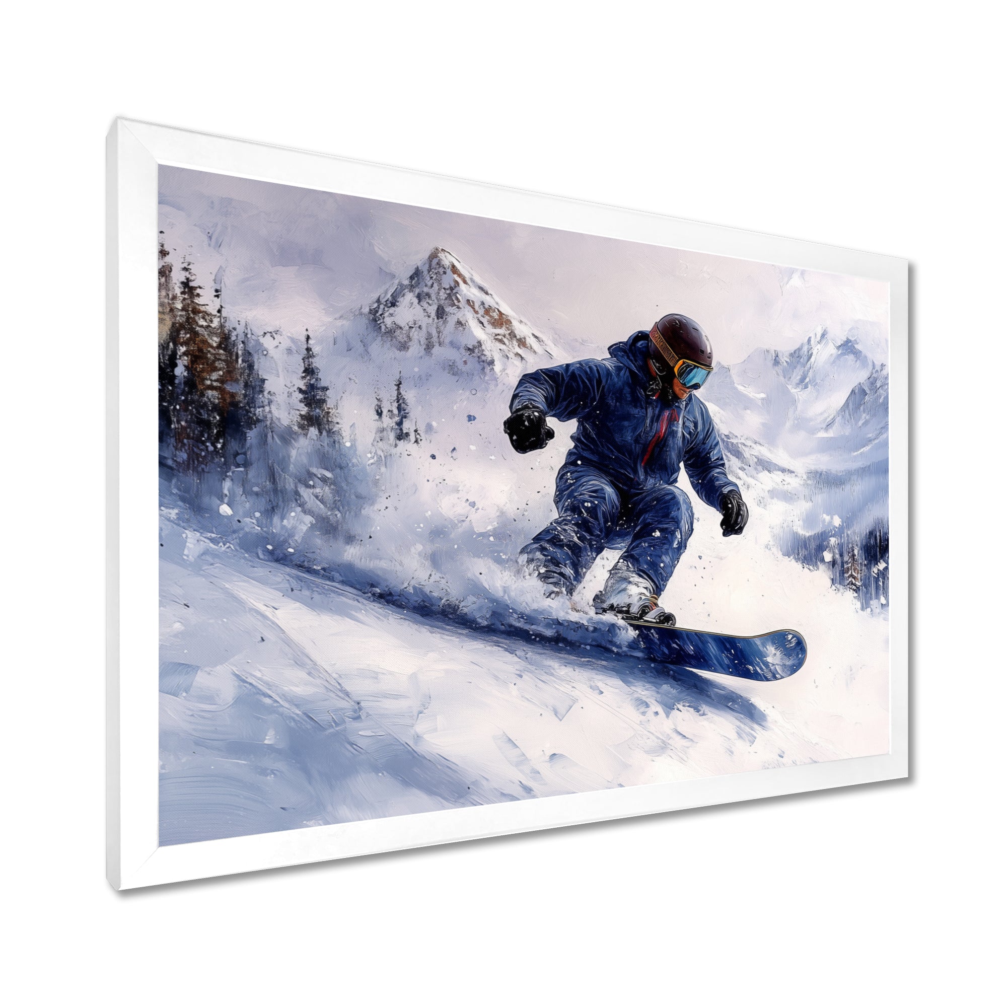 White Snowboard Big Air Mens Accented With Blue - Winter Sport Canvas Wall Art