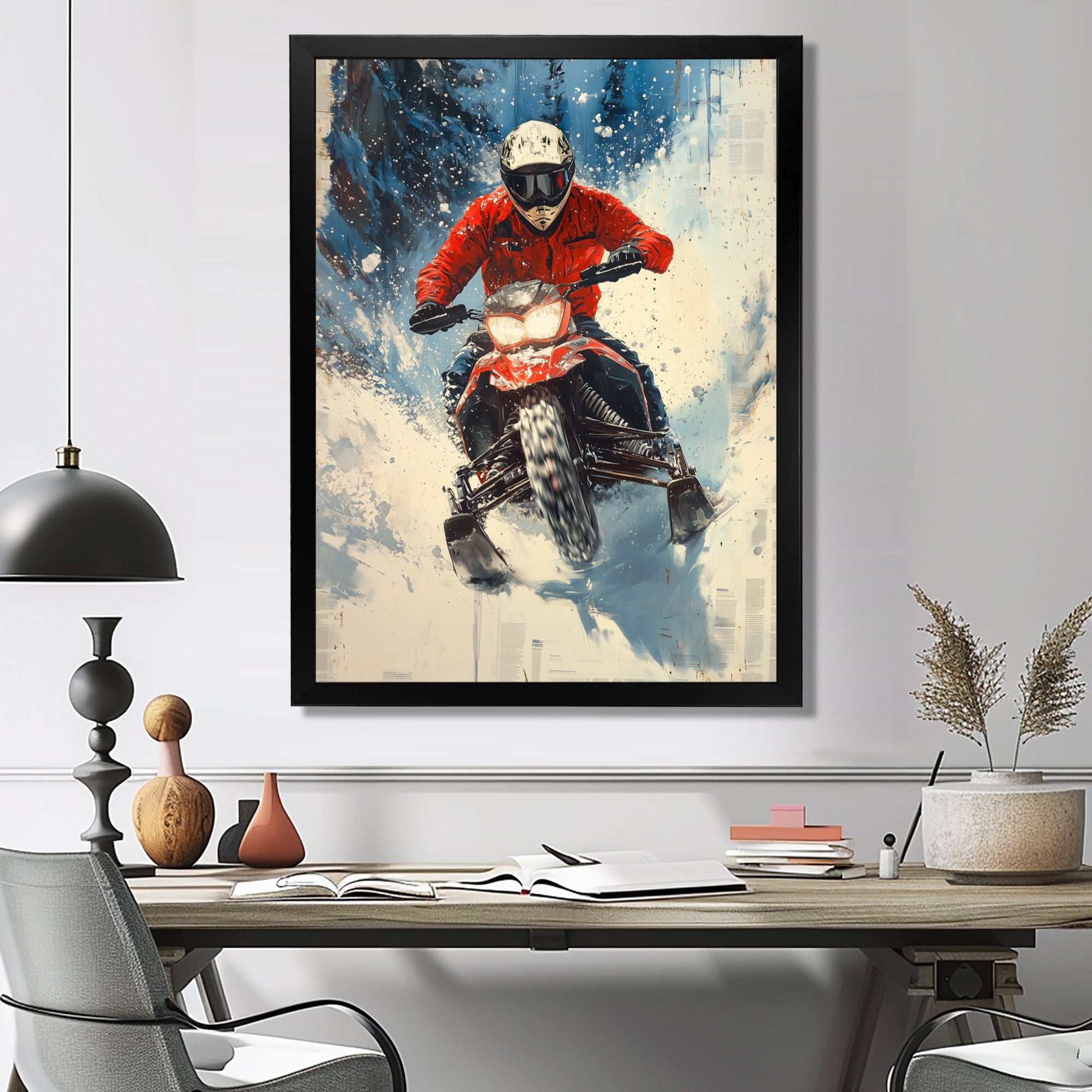 Red Snowmobile Freestyle Accented With Blue - Winter Sport Canvas Wall Art