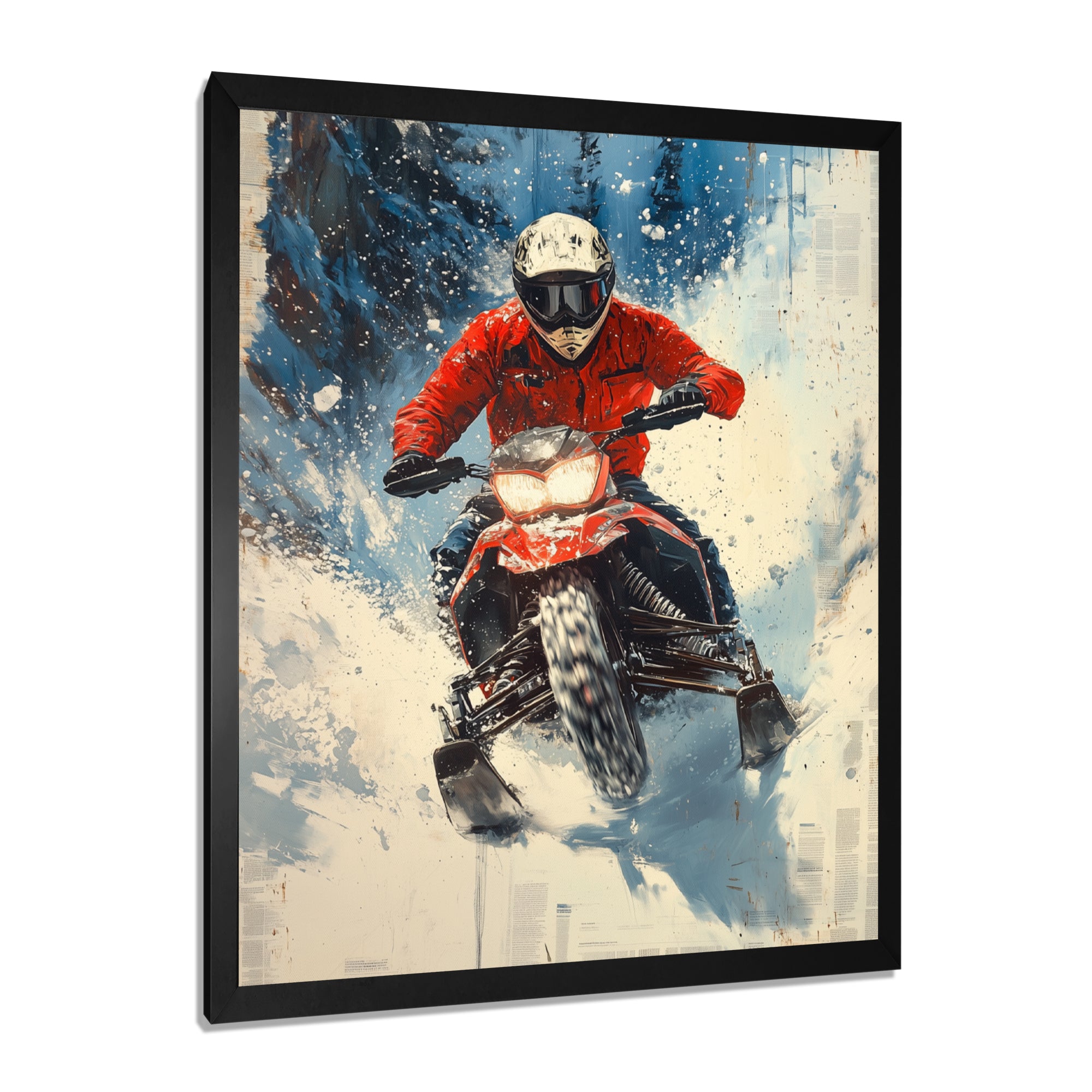 Red Snowmobile Freestyle Accented With Blue - Winter Sport Canvas Wall Art