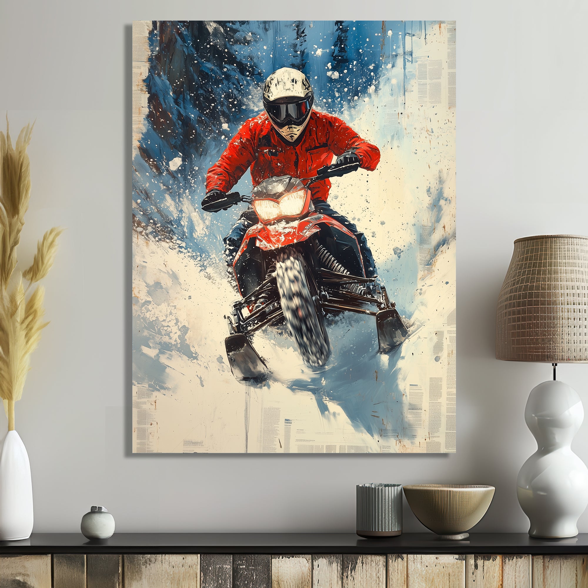 Red Snowmobile Freestyle Accented With Blue - Winter Sport Canvas Wall Art