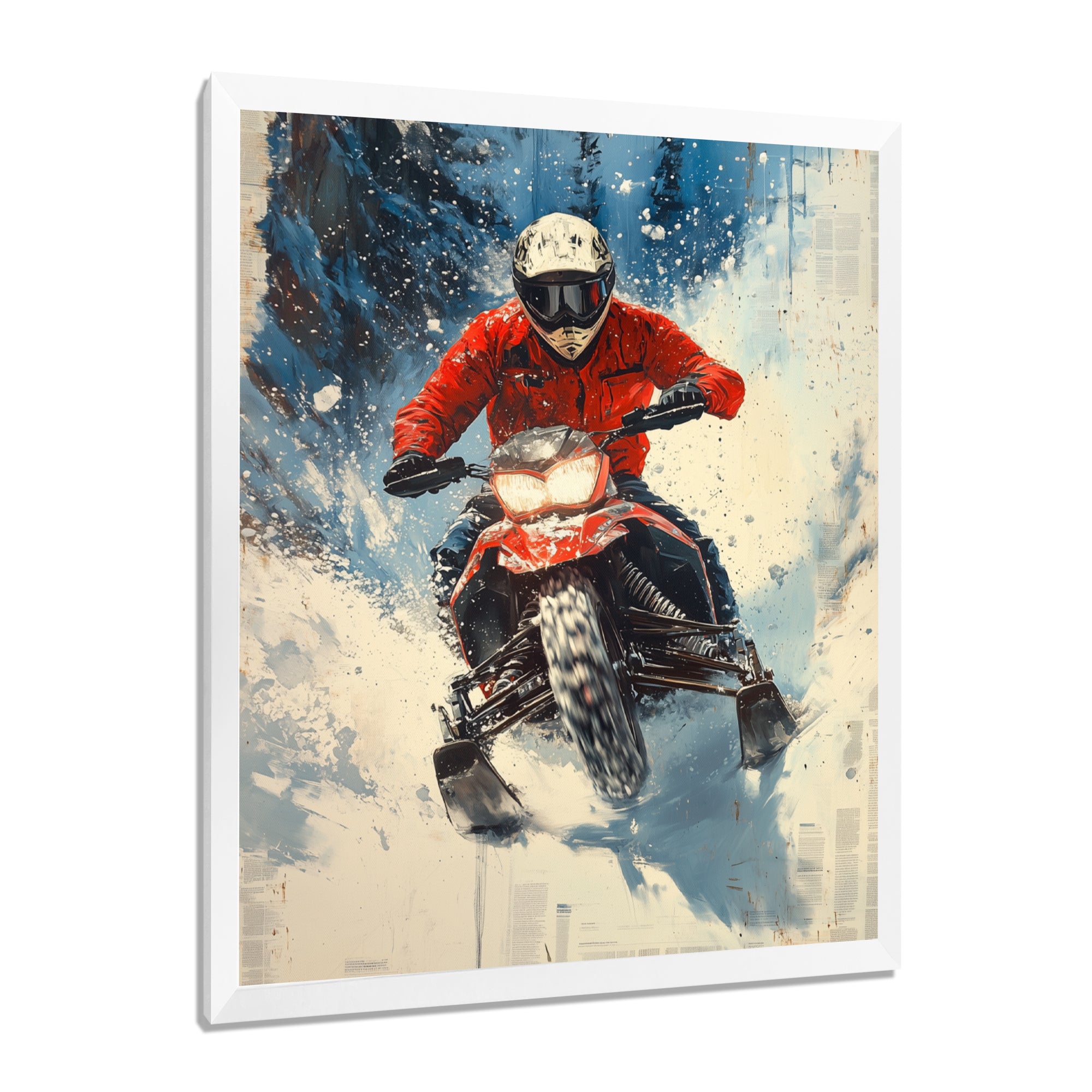Red Snowmobile Freestyle Accented With Blue - Winter Sport Canvas Wall Art