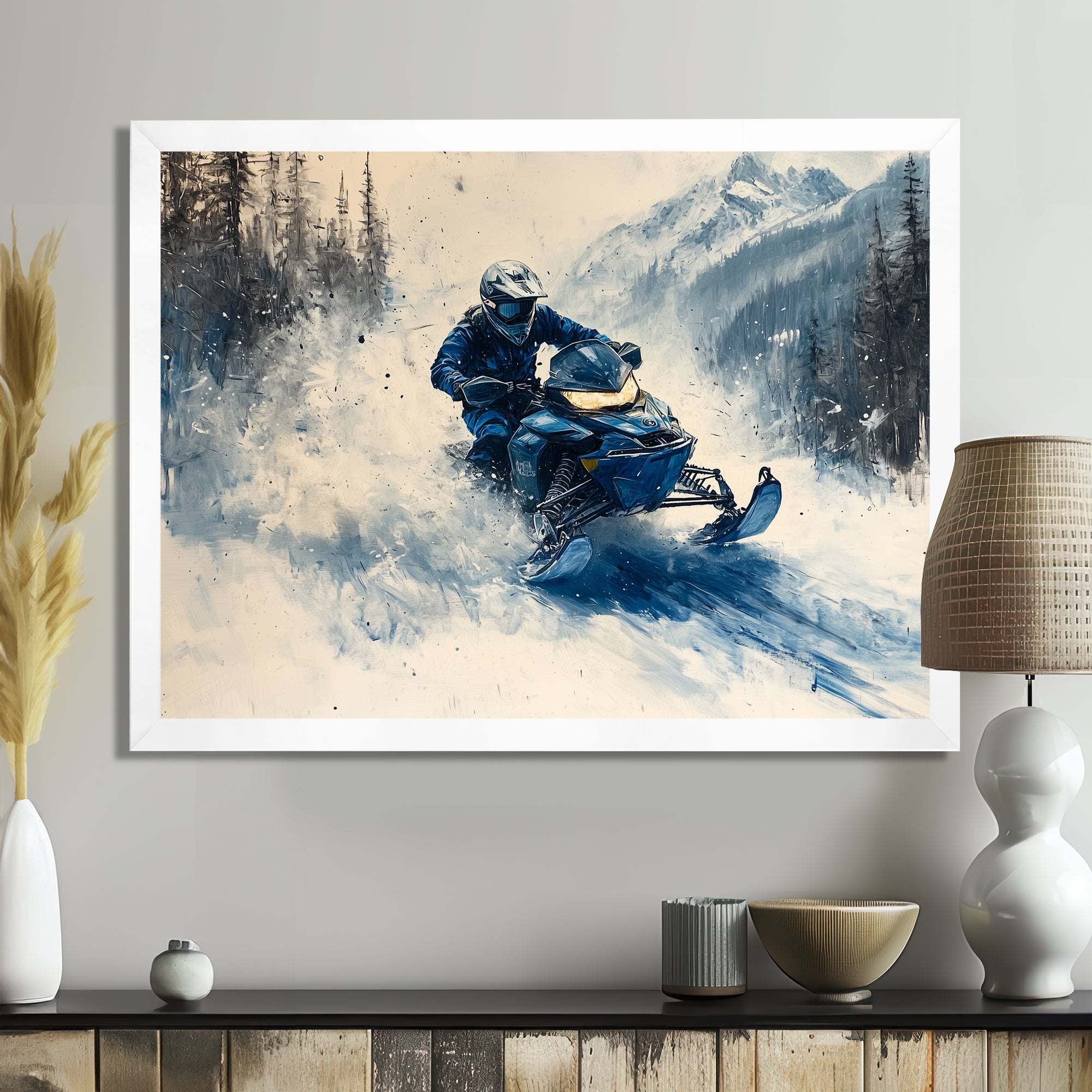Blue Snowmobile Hill Cross Accented With White I - Winter Sport Canvas Wall Art