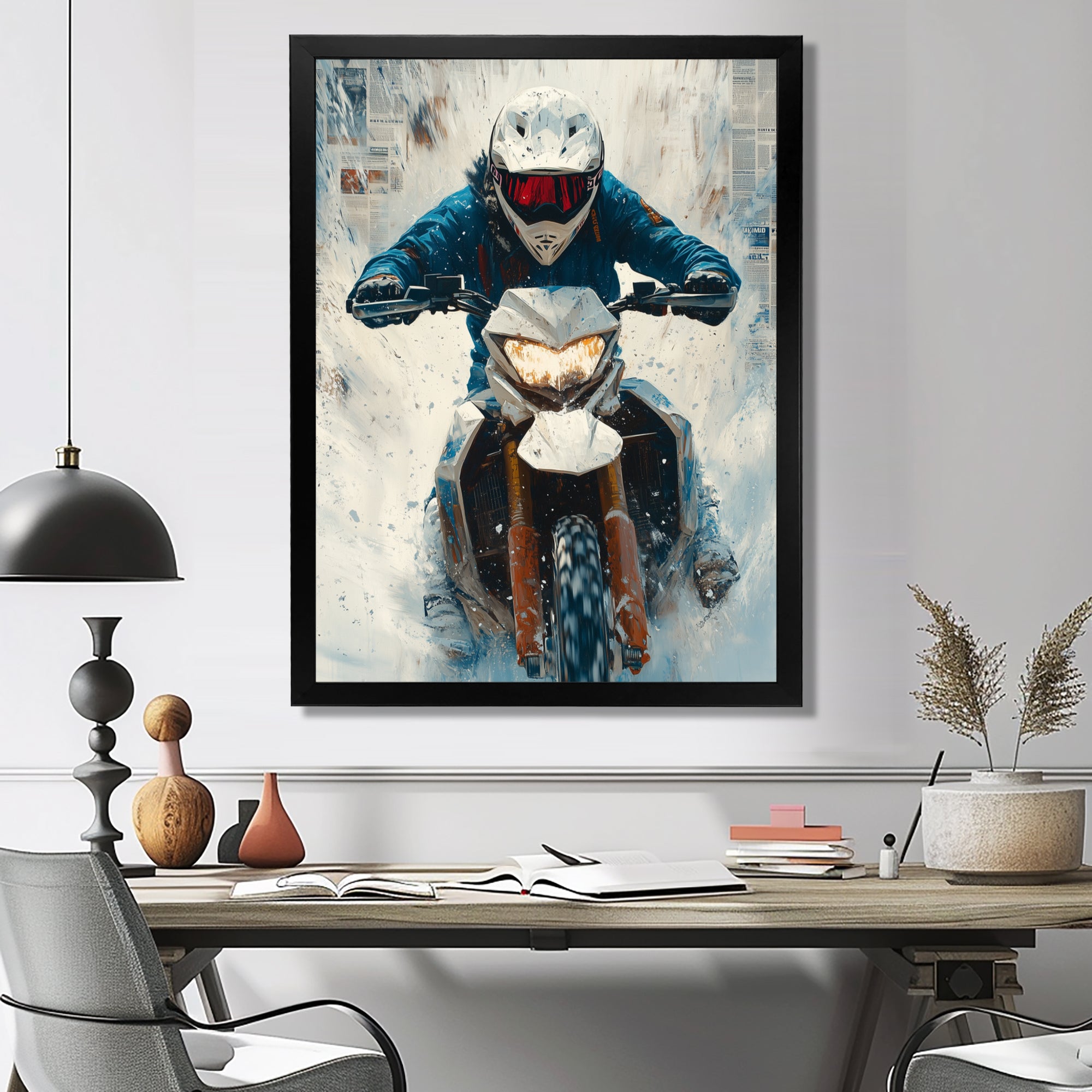 Red Snowmobile Hill Cross Accented With Blue - Skiing Canvas Wall Art