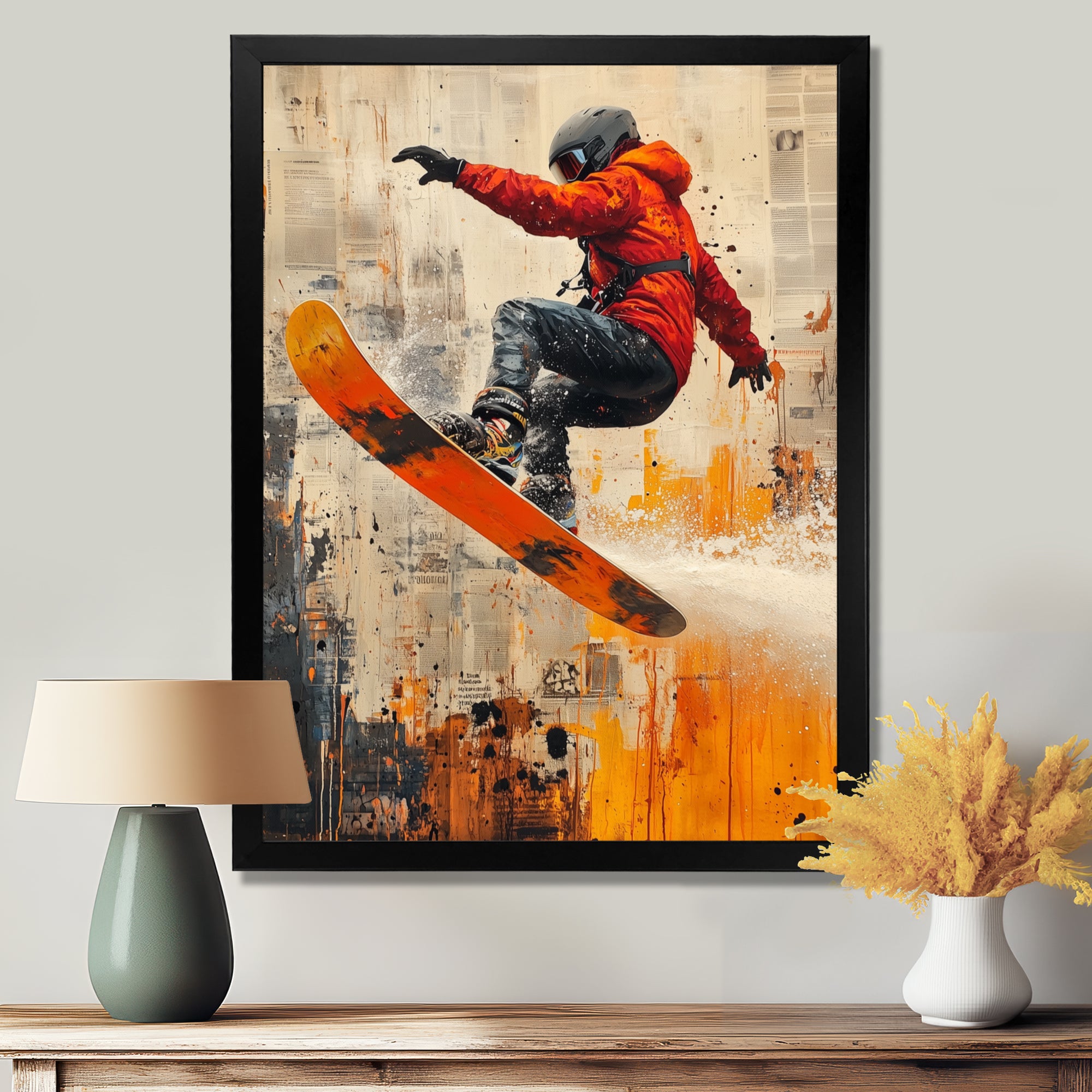 Yellow Wakeboard Big Air Accented With Orange - Winter Sport Canvas Wall Art