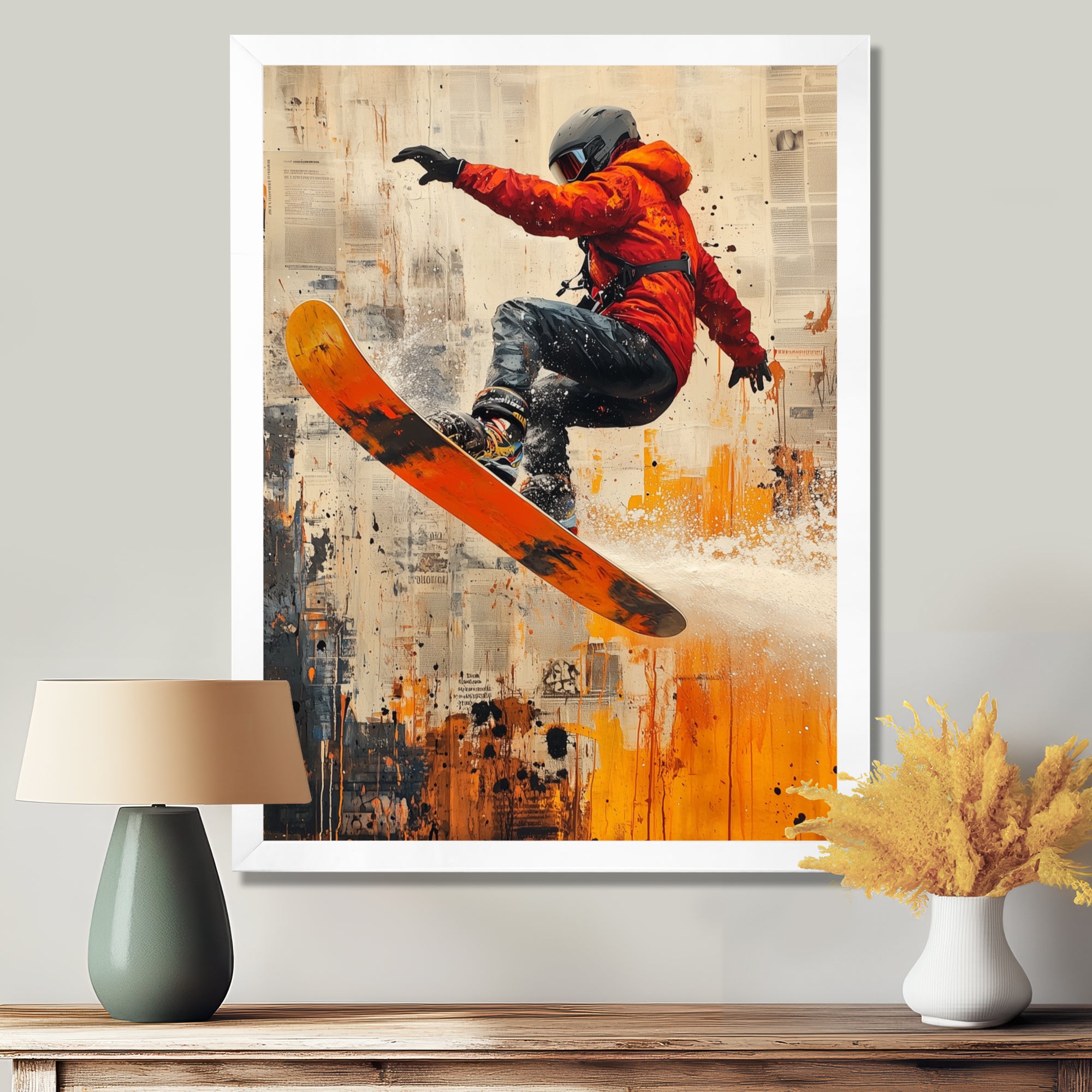 Yellow Wakeboard Big Air Accented With Orange - Winter Sport Canvas Wall Art