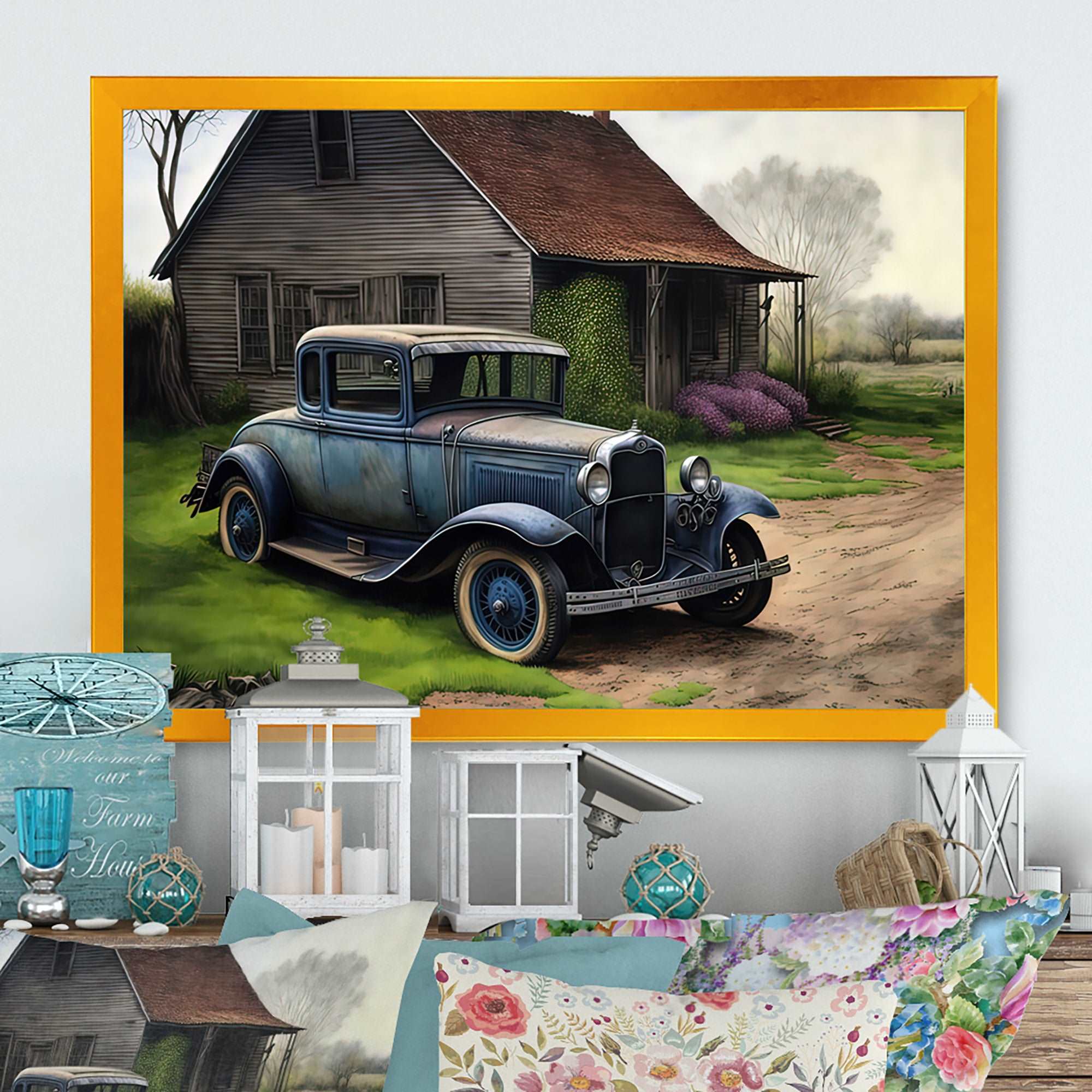 30S Ford Car In Barn V Framed Canvas Vibrant Black - 1.5"Thick