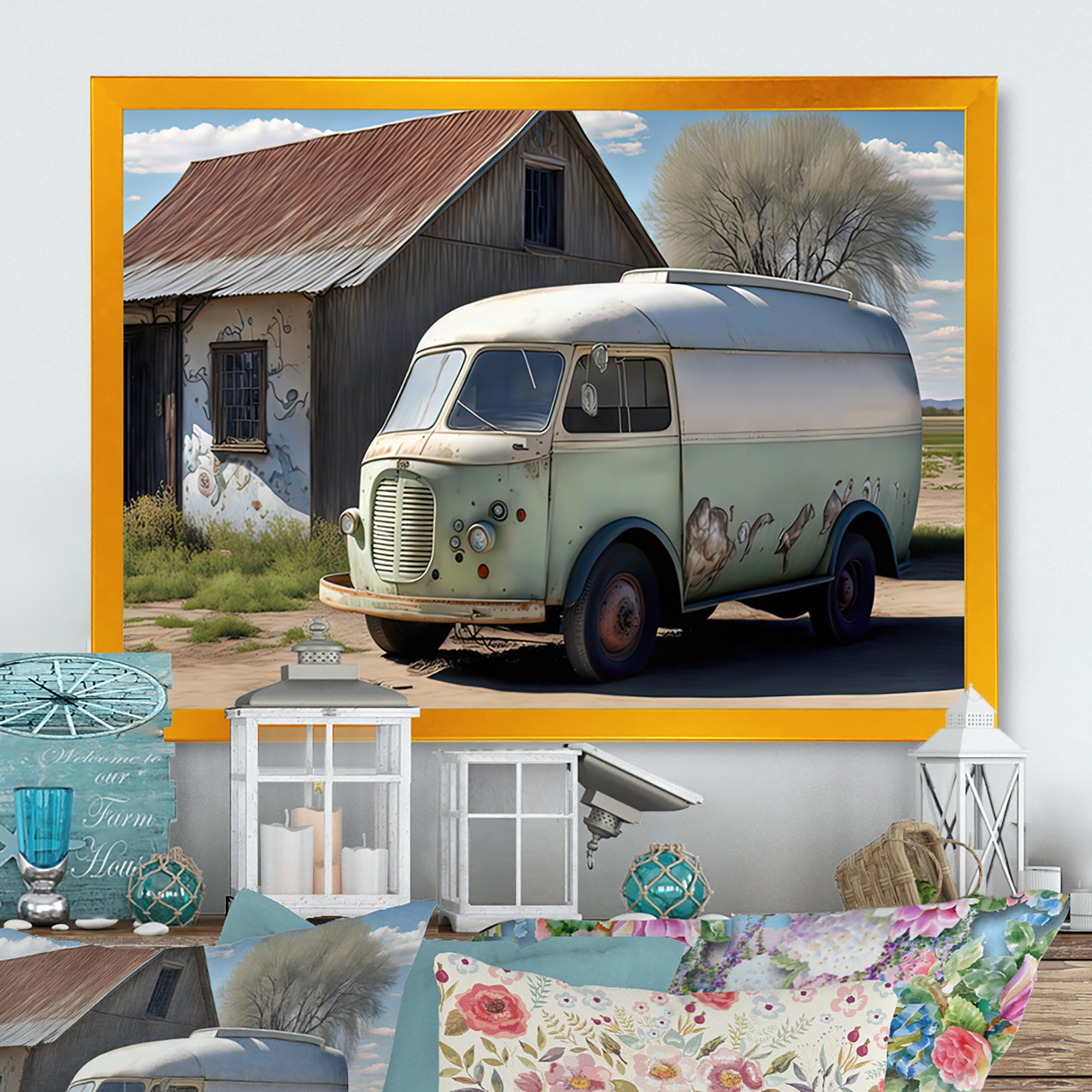 Old Milk Delivery In Barn - Car Old American Canvas Wall Art