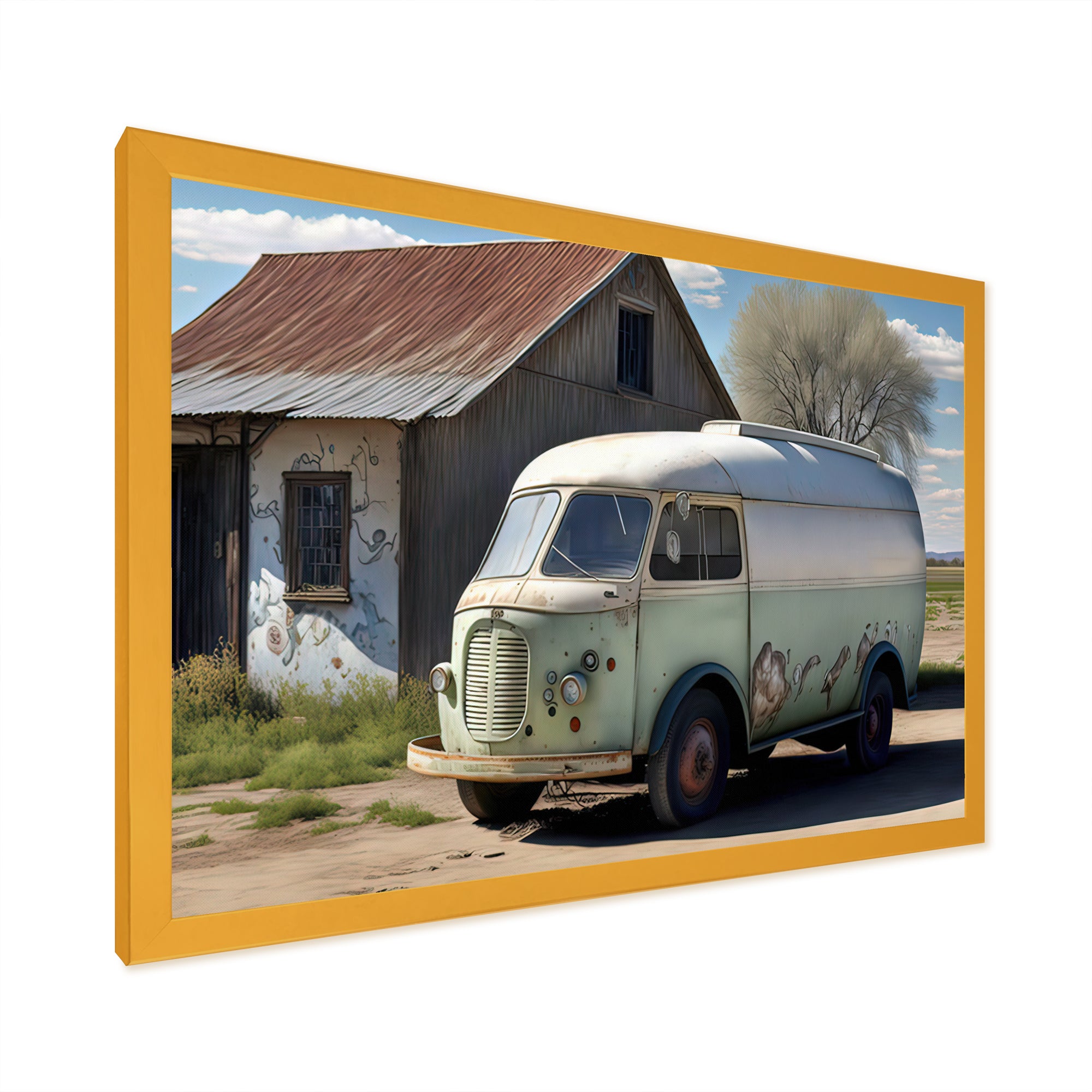 Old Milk Delivery In Barn - Car Old American Canvas Wall Art