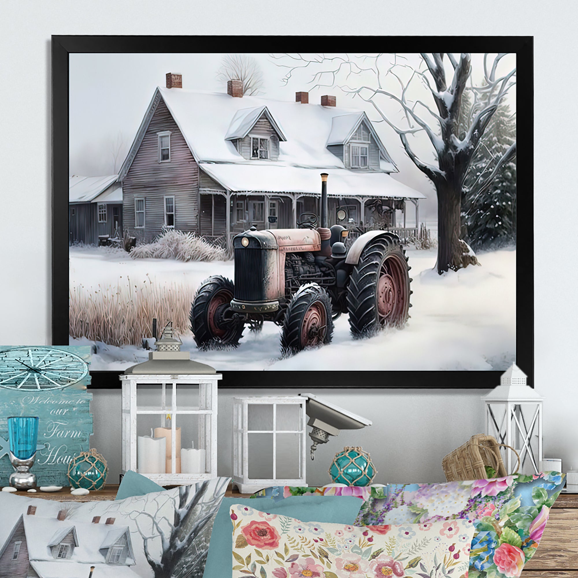 Tractor At The Barn In Winter I - Car Old American Canvas Wall Art
