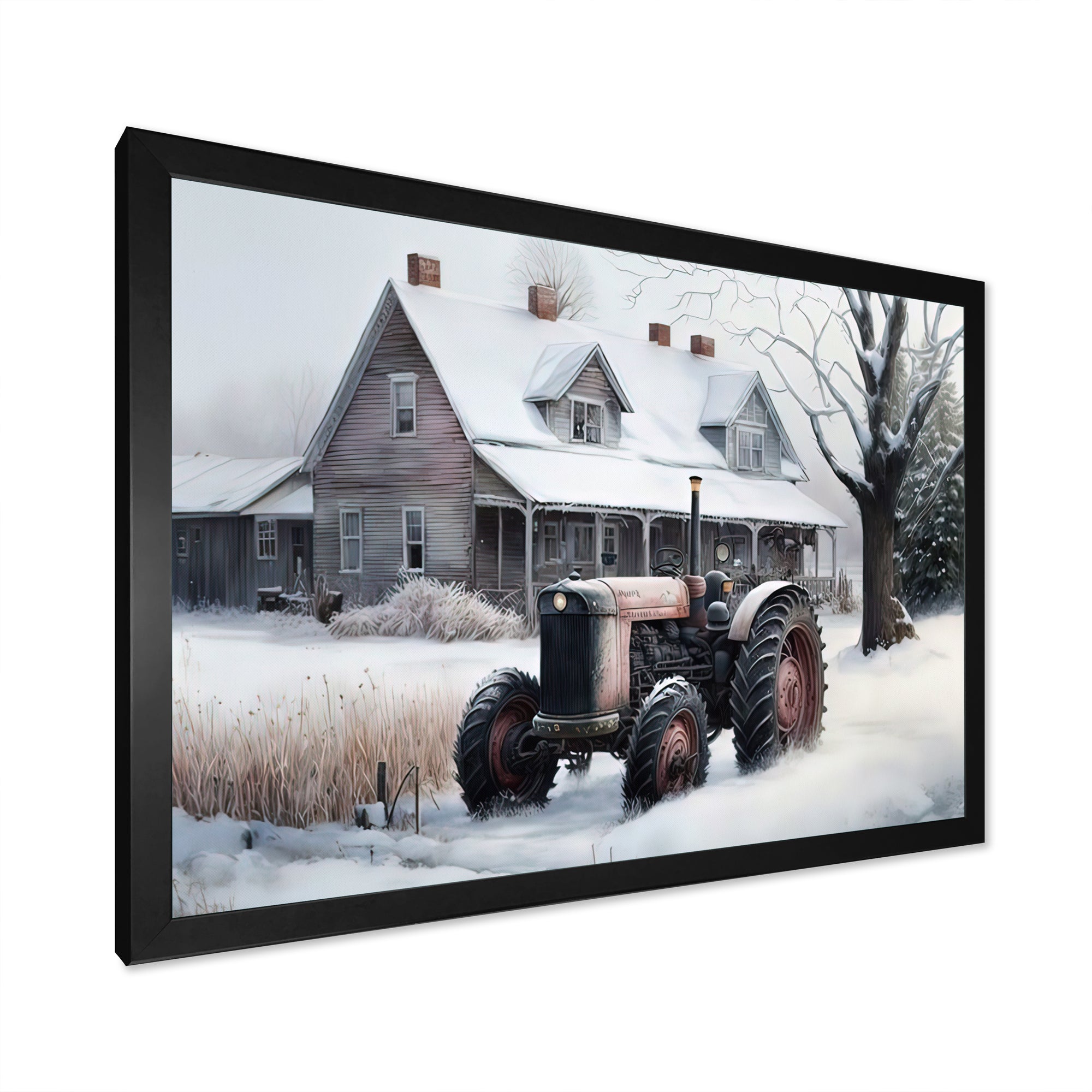 Tractor At The Barn In Winter I - Car Old American Canvas Wall Art
