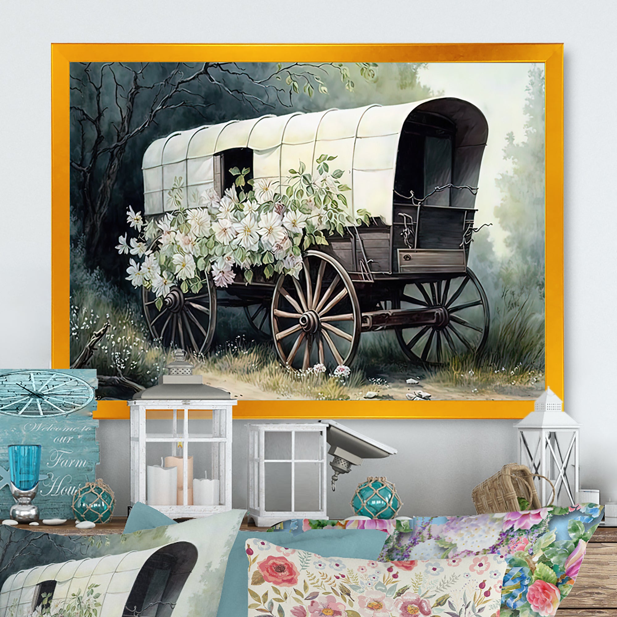 Flower Old Cottage Caravan I - Car Old American Canvas Wall Art