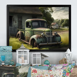 Green Old Truck At The Barn - Car Old American Canvas Wall Art
