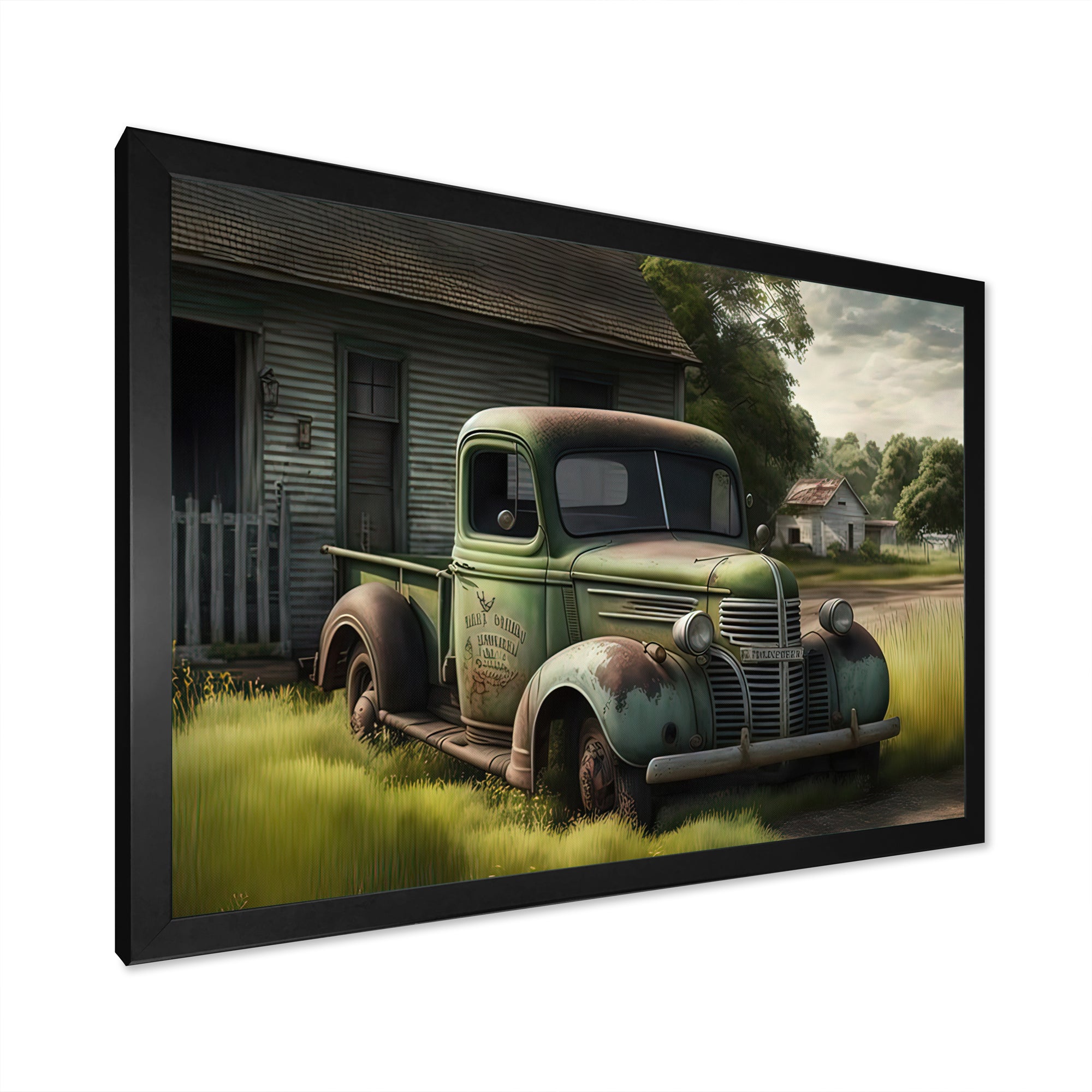 Green Old Truck At The Barn - Car Old American Canvas Wall Art