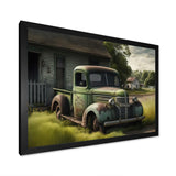 Green Old Truck At The Barn - Car Old American Canvas Wall Art