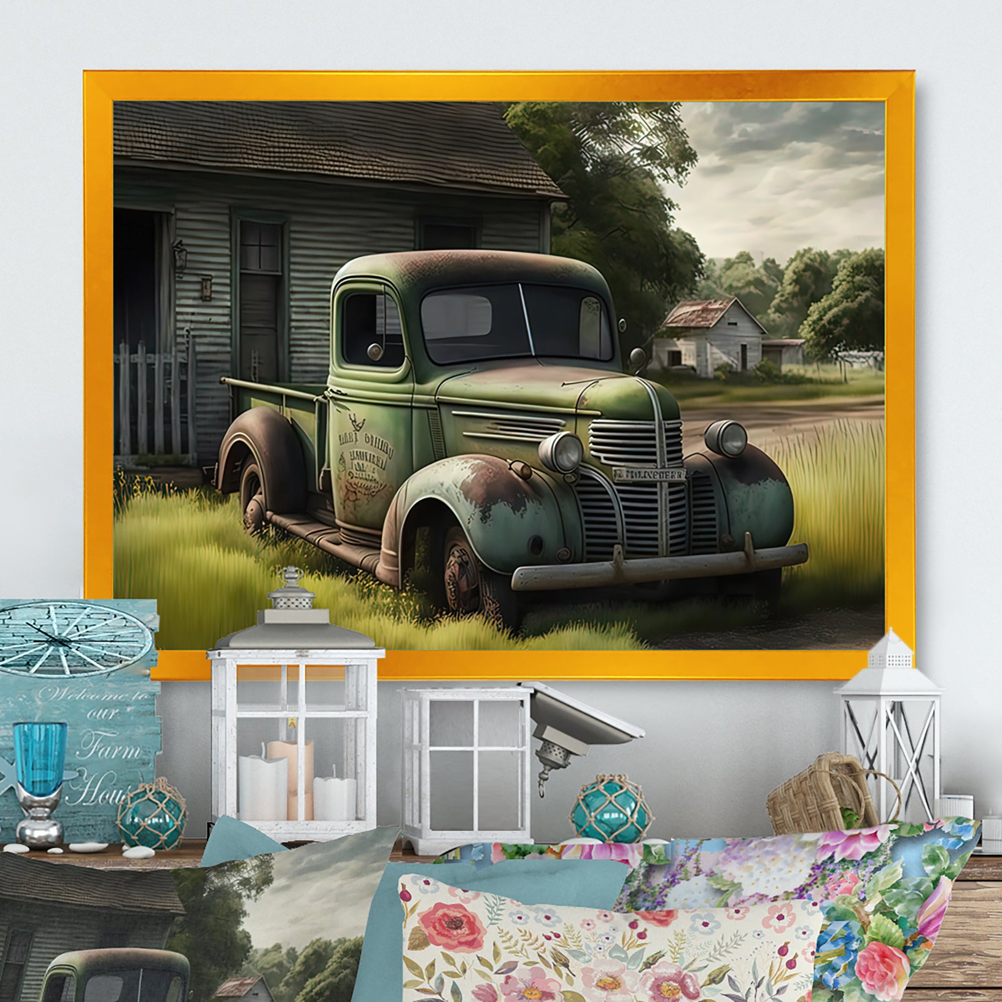 Green Old Truck At The Barn - Car Old American Canvas Wall Art